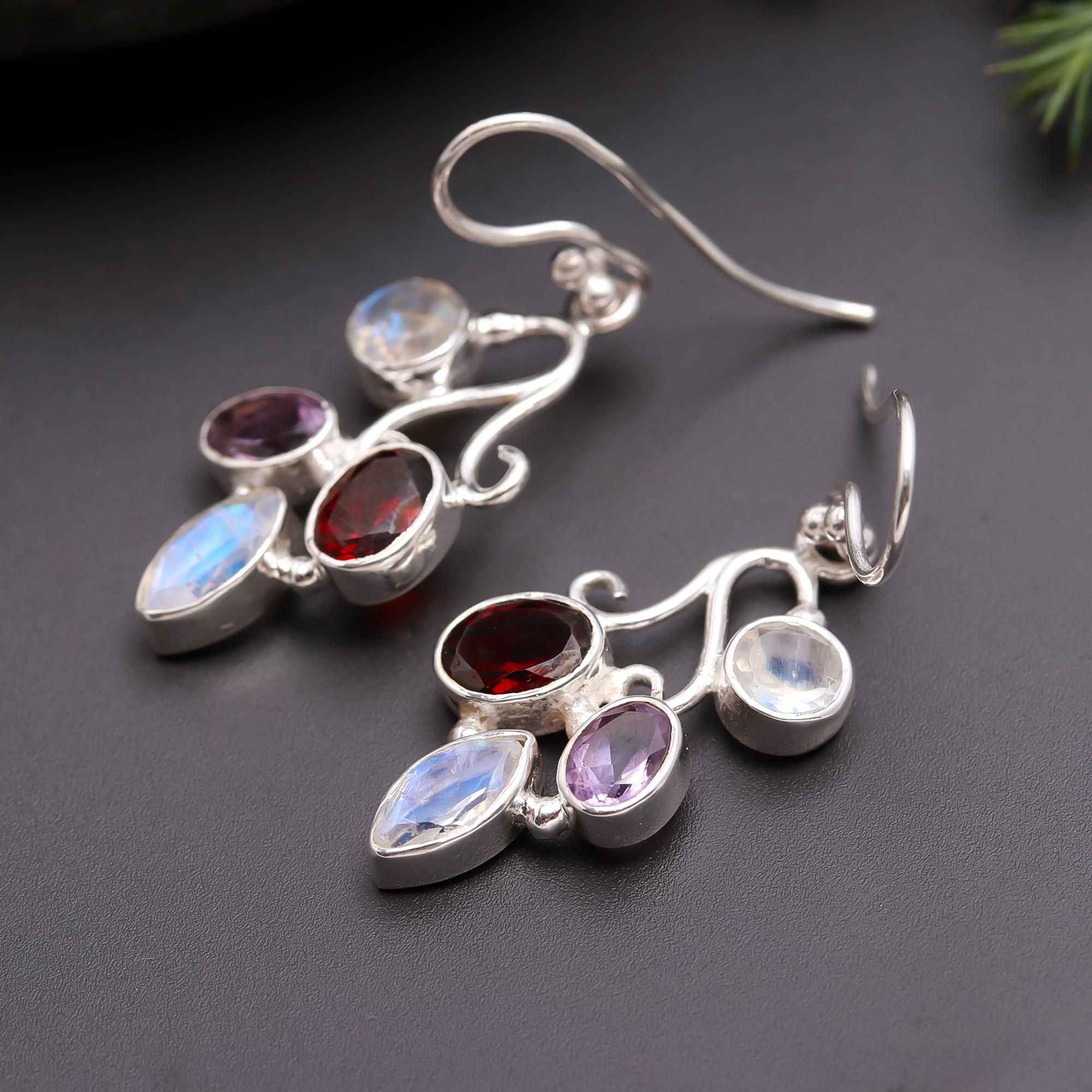 925 Silver Multi-Gemstone Floral Dangle Earrings