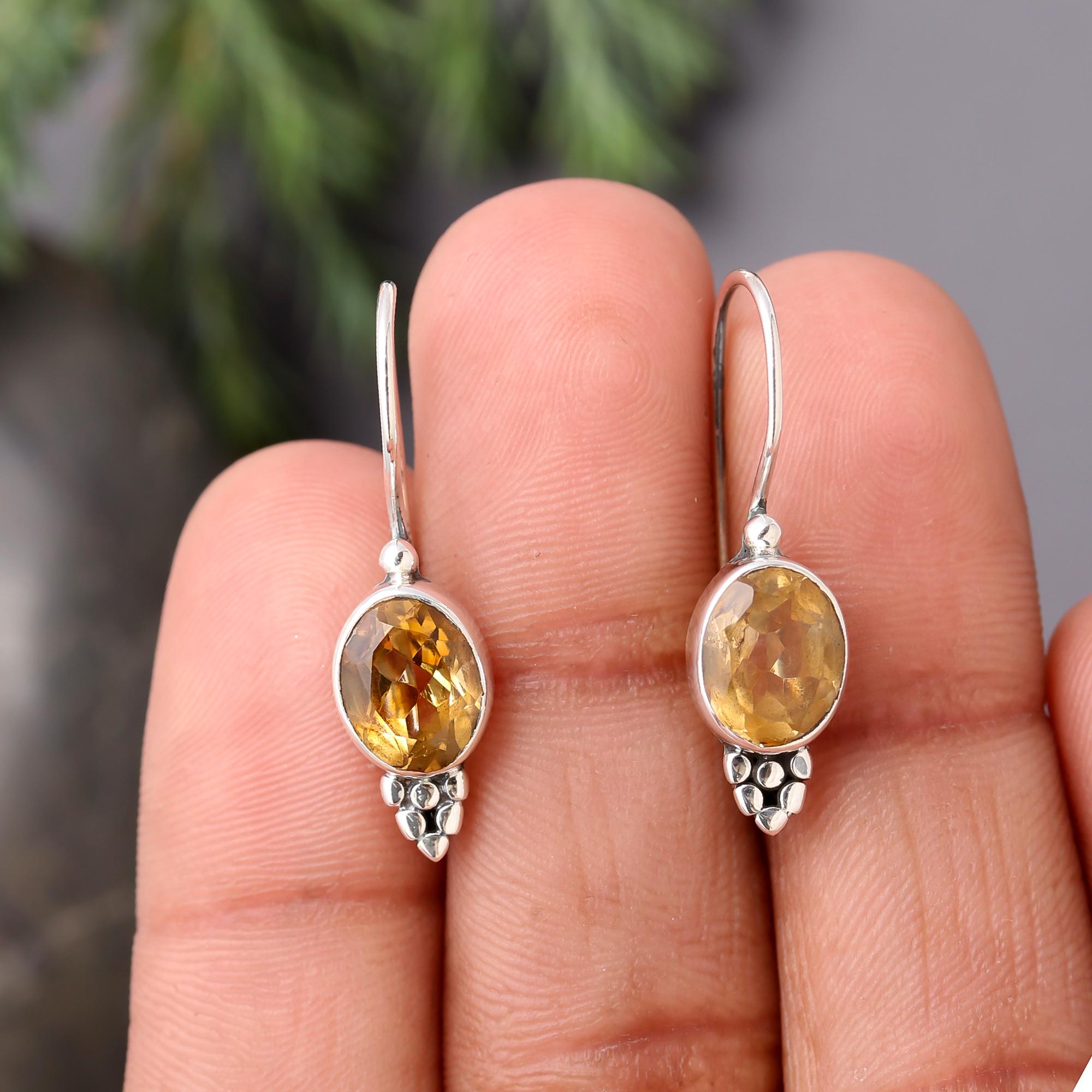 925 Silver Oval Citrine Dangle Earrings