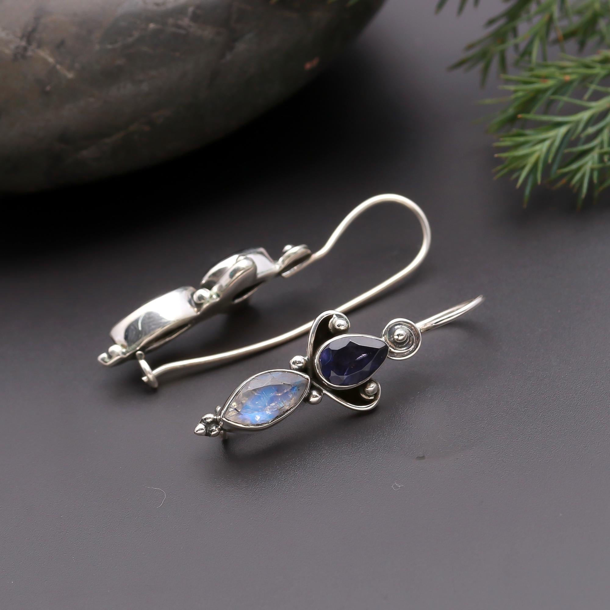925 Silver Iolite and Moonstone Teardrop Dangle Earrings