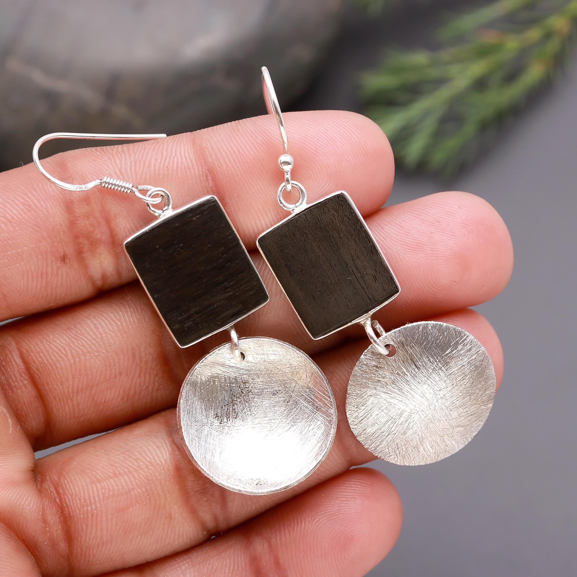 925 Silver Black Wood Textured Disc Dangle Earrings