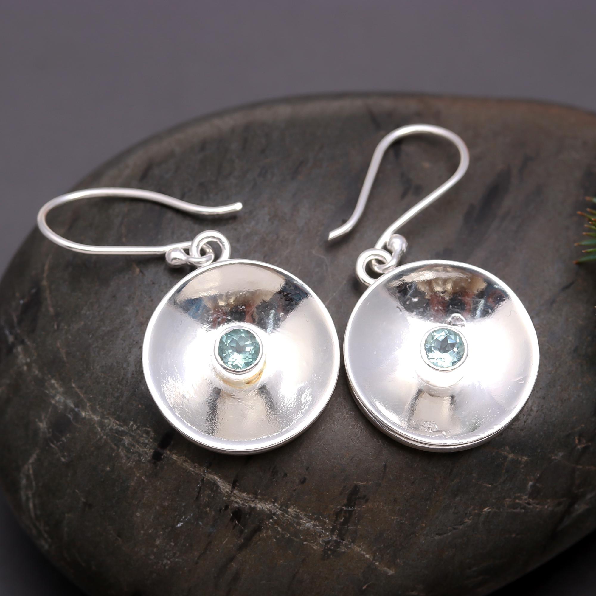 925 Silver Concave Disc Blue Topaz Dangle Earrings
