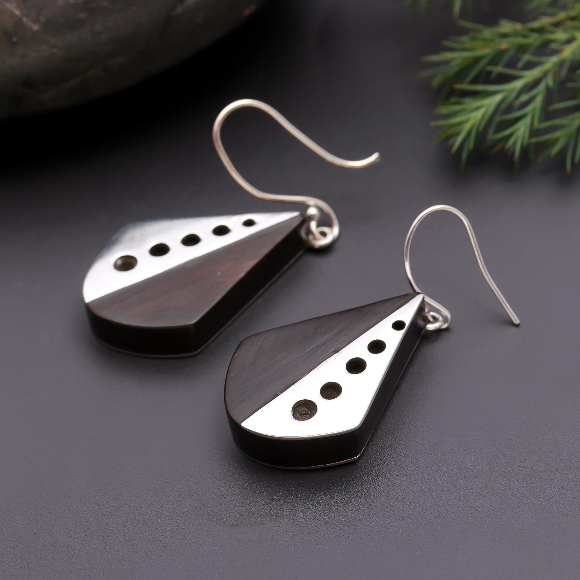 925 Silver Black Wood Dangle Earrings