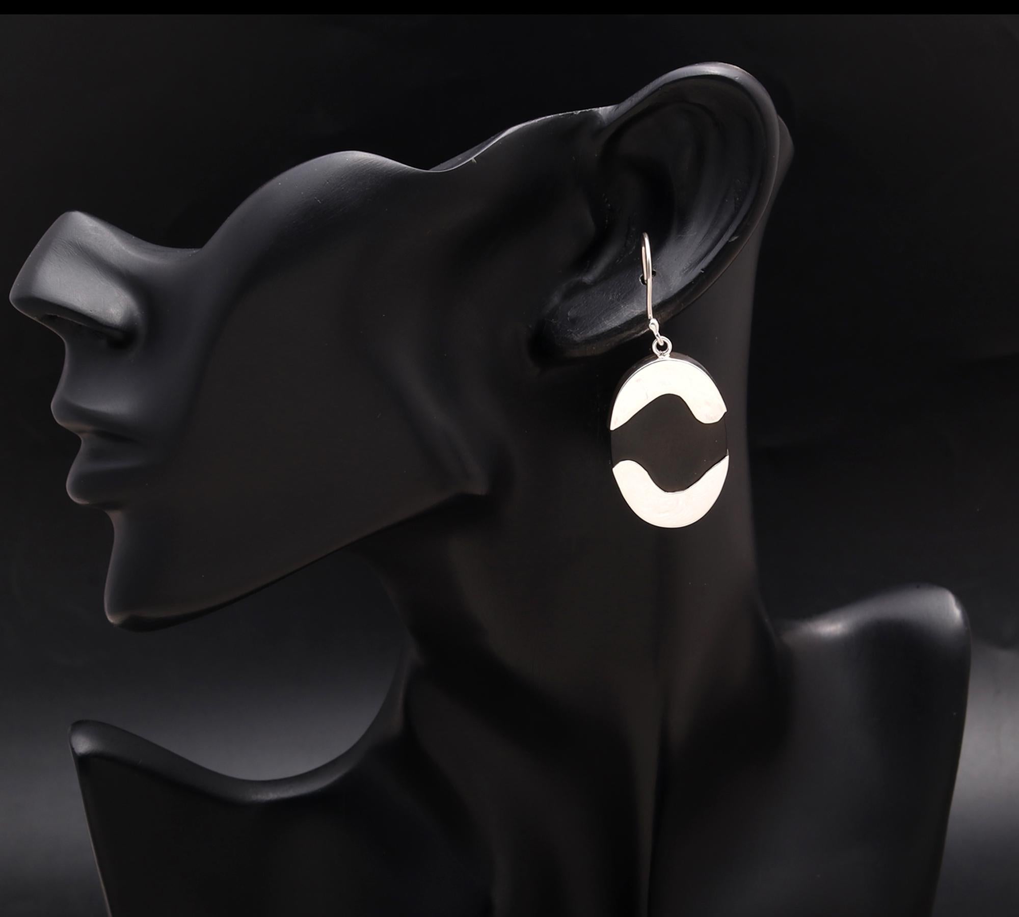 925 Silver Oval Black Ebony Wood Dangle Earrings