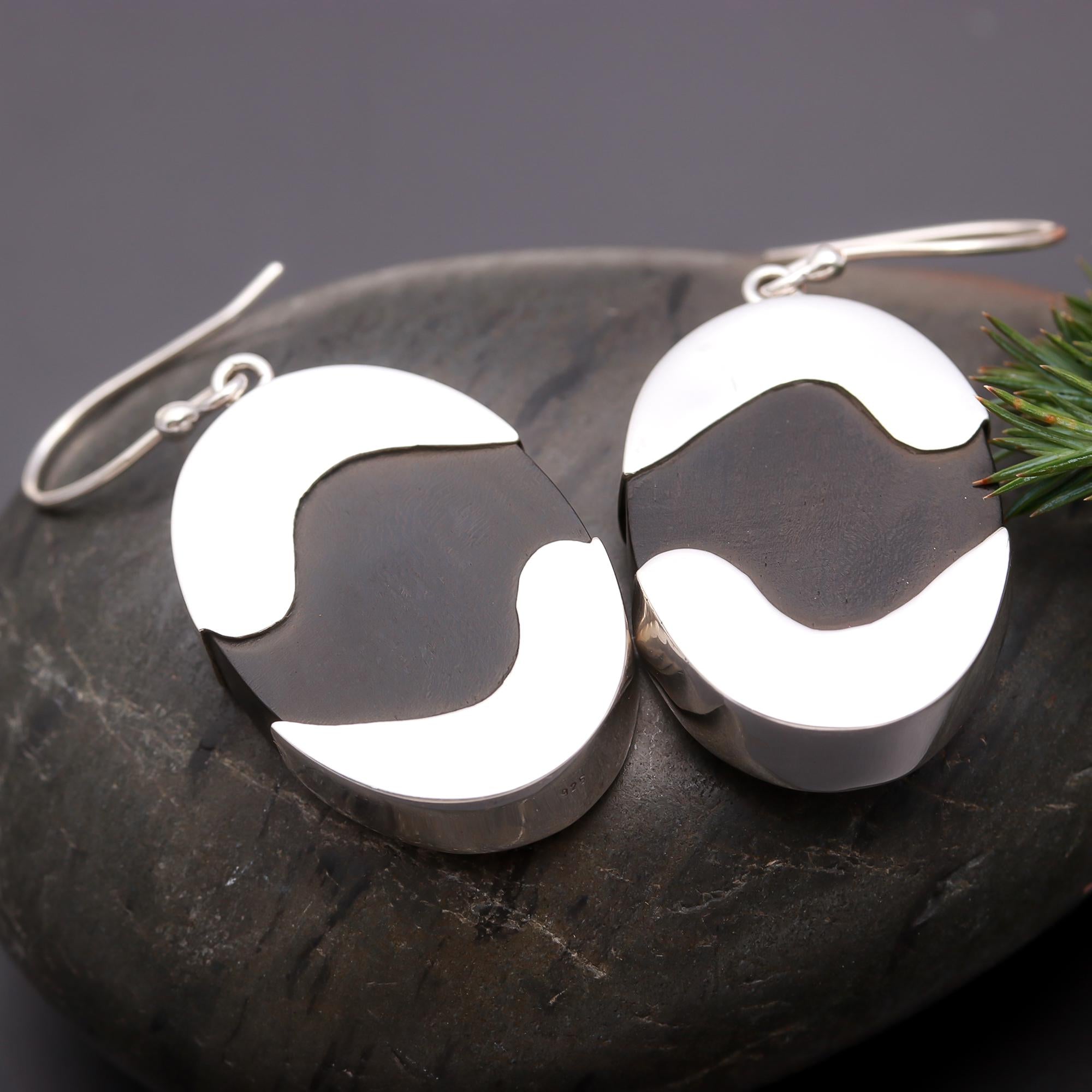 925 Silver Oval Black Ebony Wood Dangle Earrings
