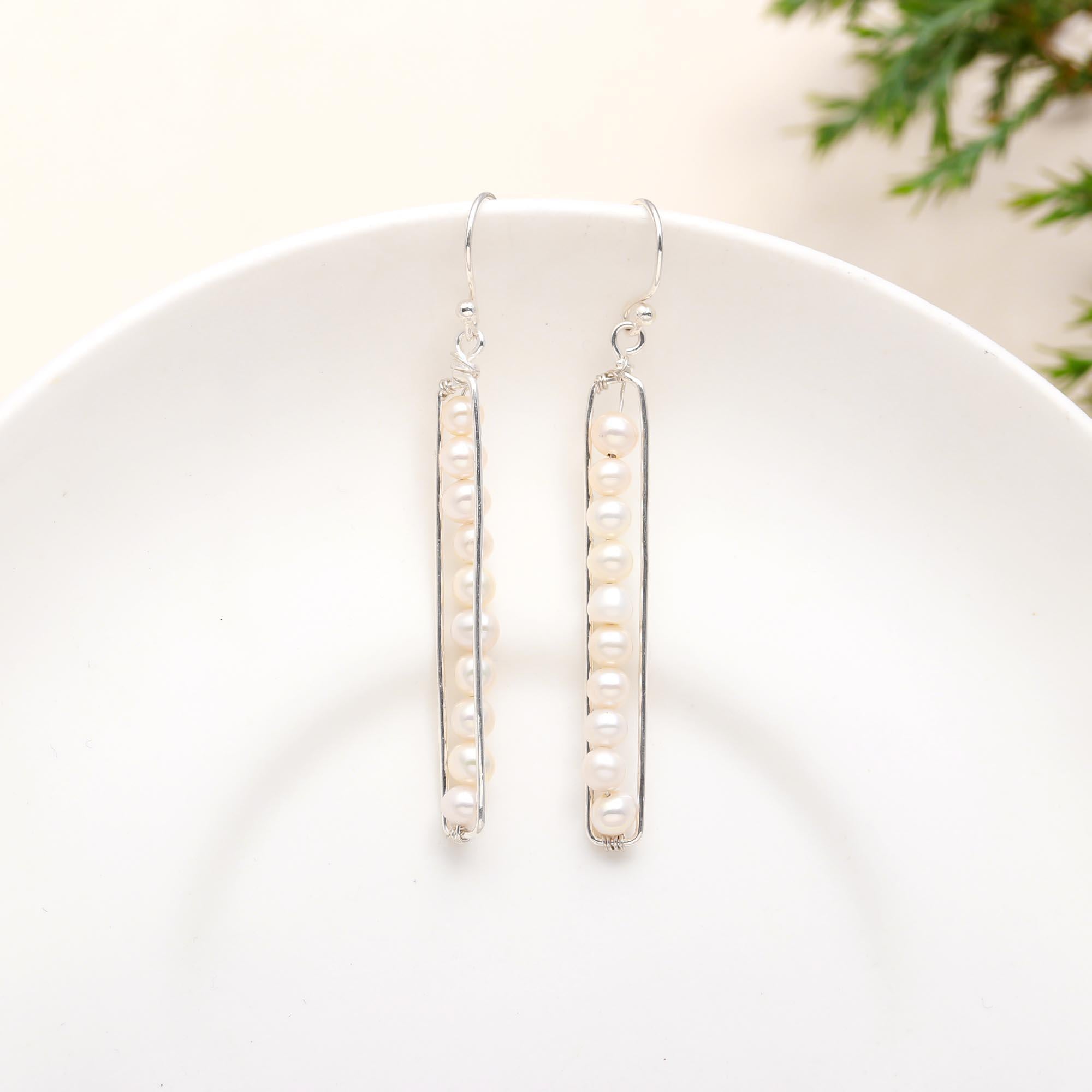 The Linear Luster: Sterling Silver & Pearl Bar Drop Earrings