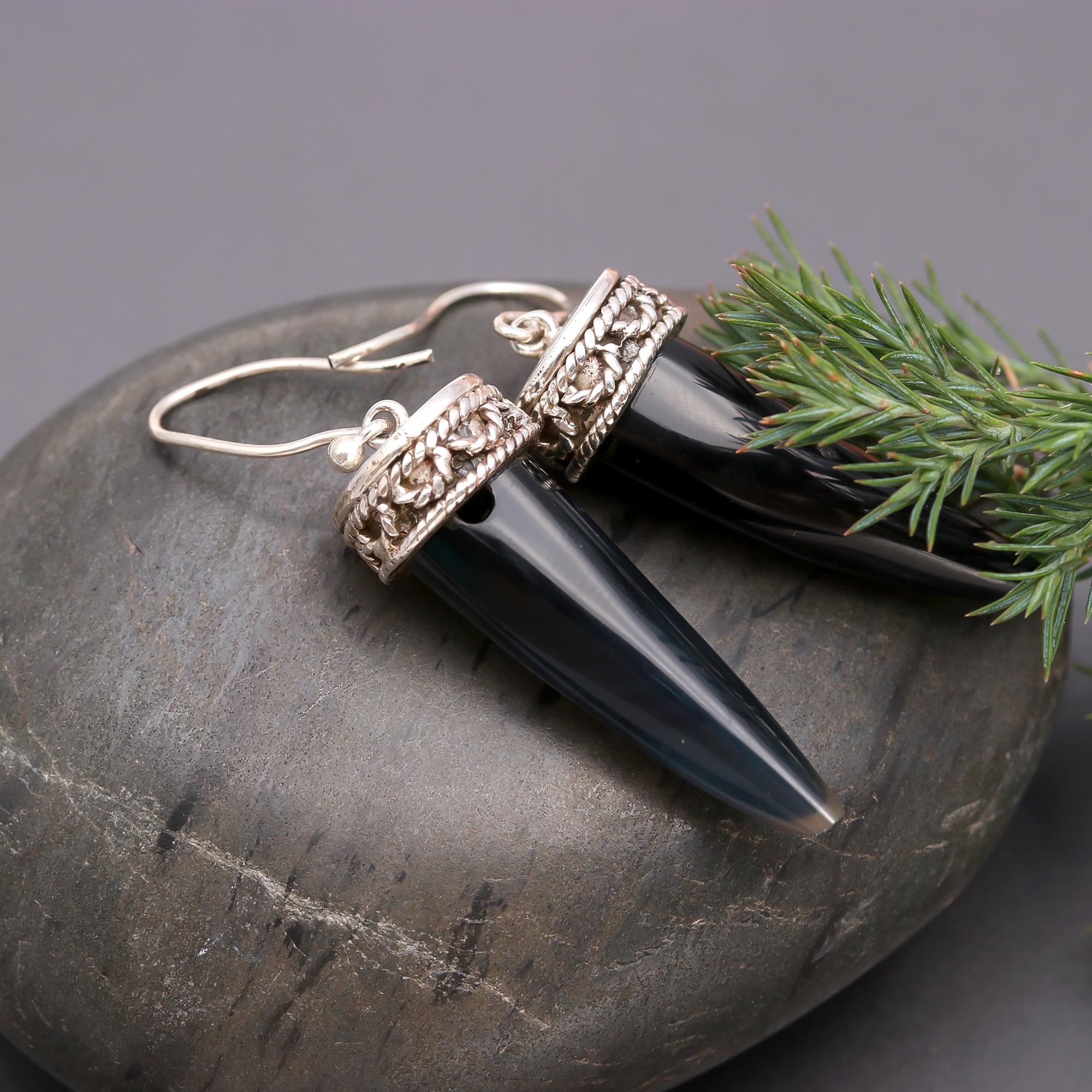 925 Silver Black Agate Spike Dangle Earrings