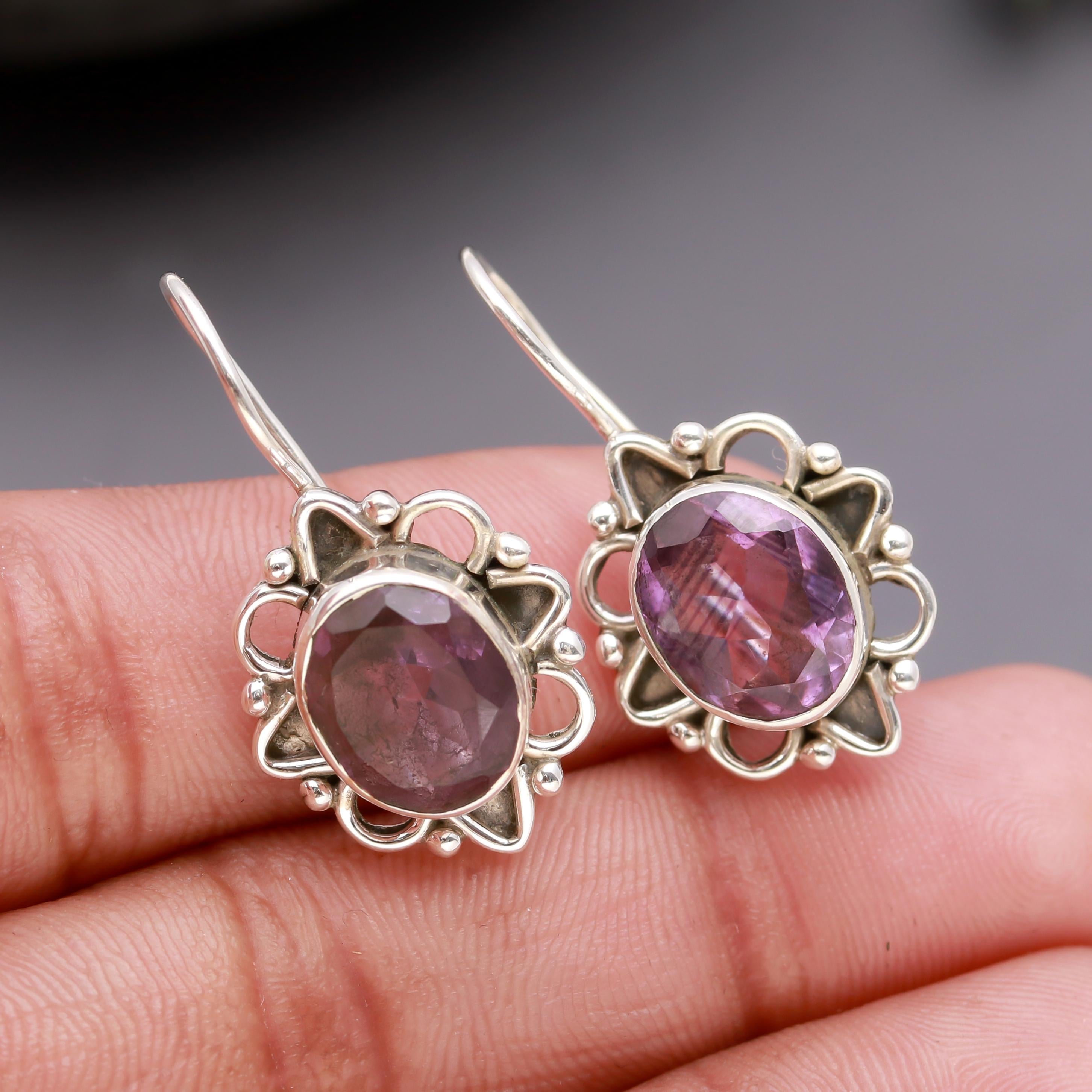 925 Silver Amethyst Filigree Dangle Earrings
