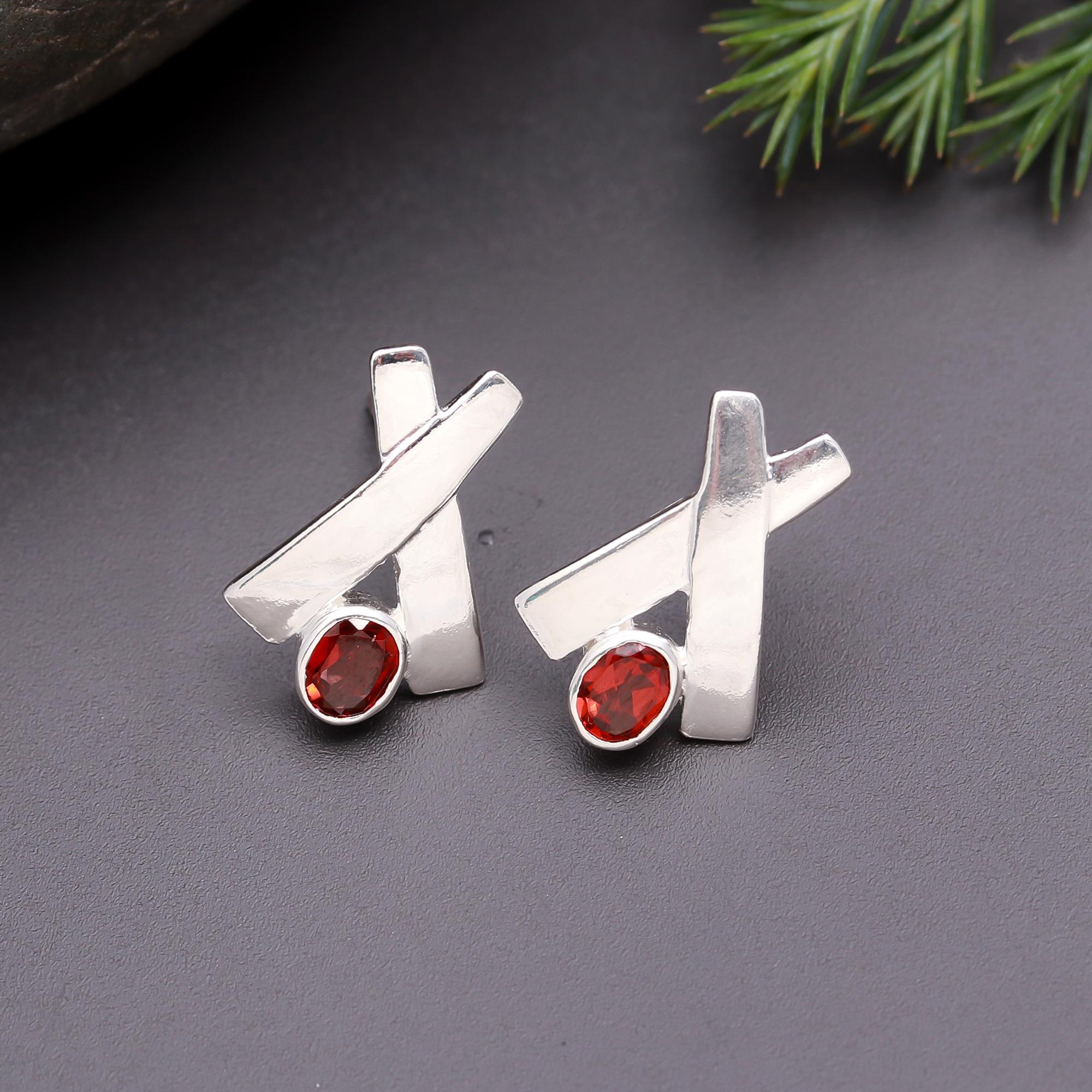 925 Silver Red Garnet Stud Earrings