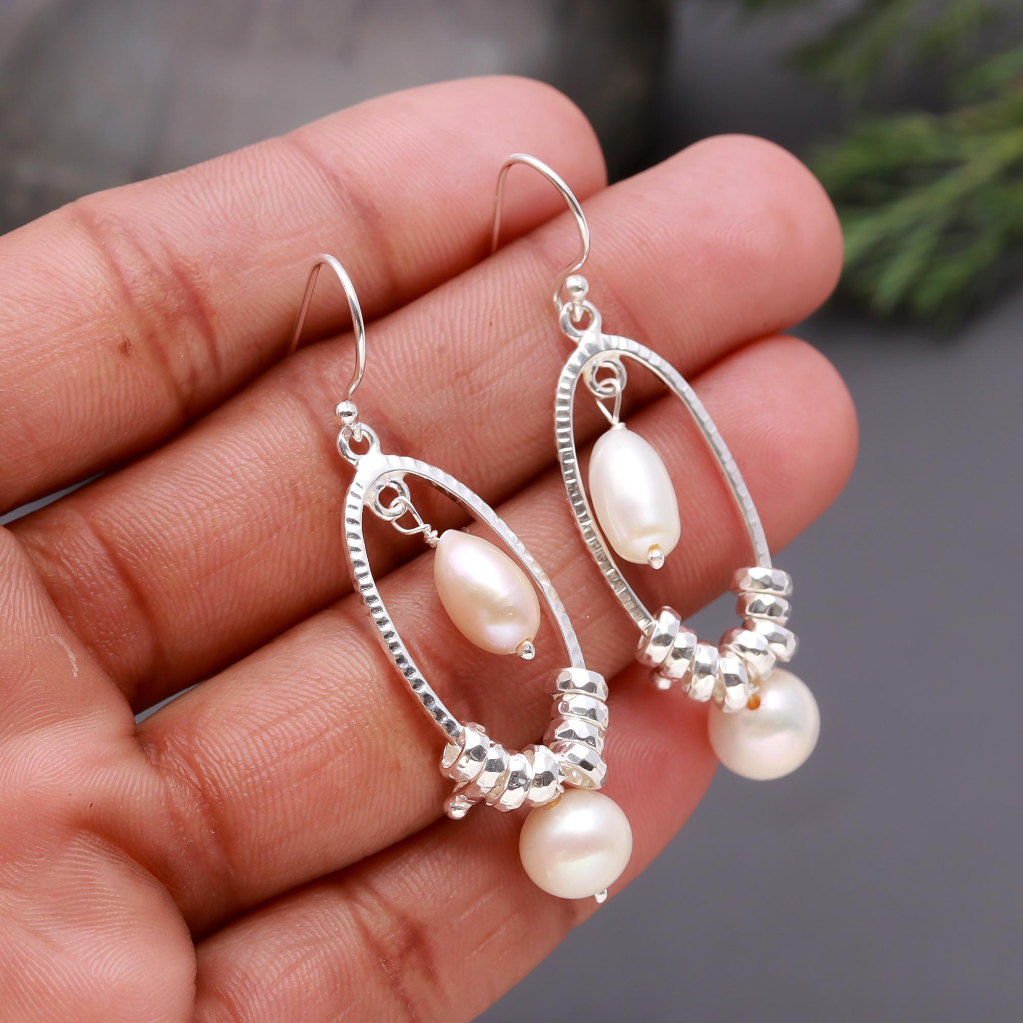 925 Silver Hammered Oval Pearl Dangle Earrings