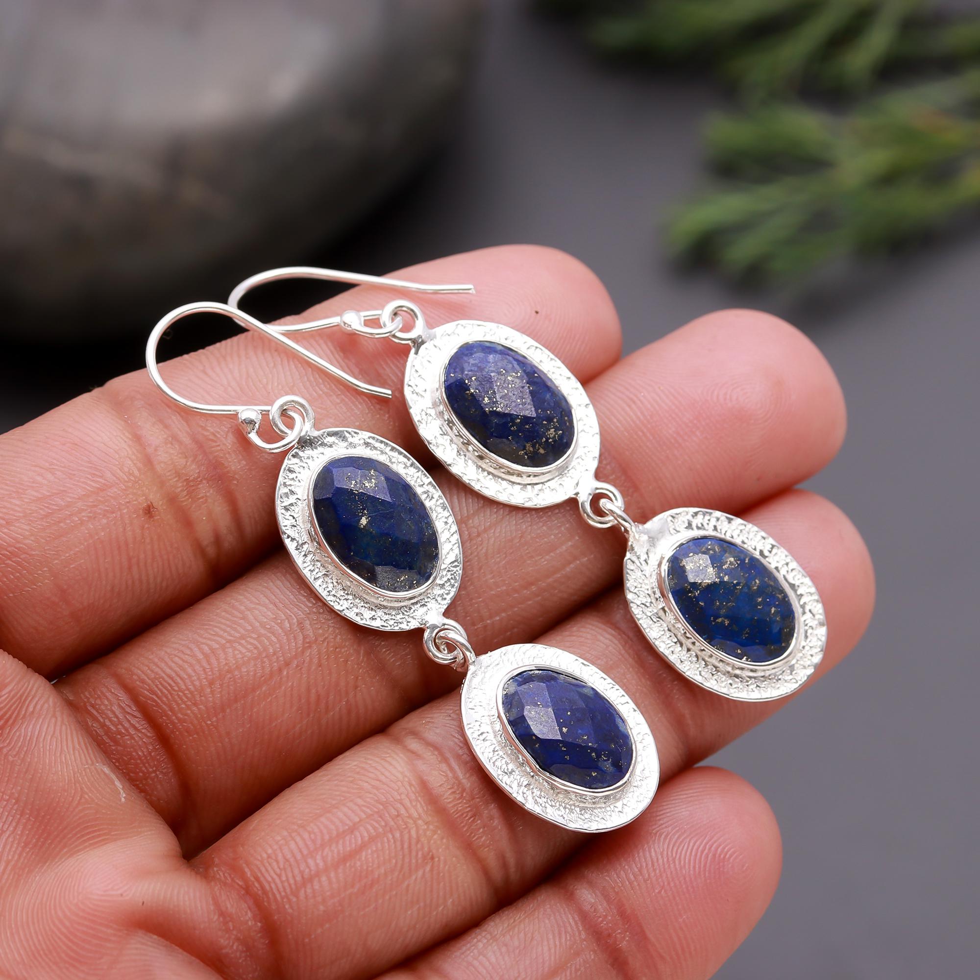 925 Silver Triple Oval Lapis Lazuli Dangle Earrings