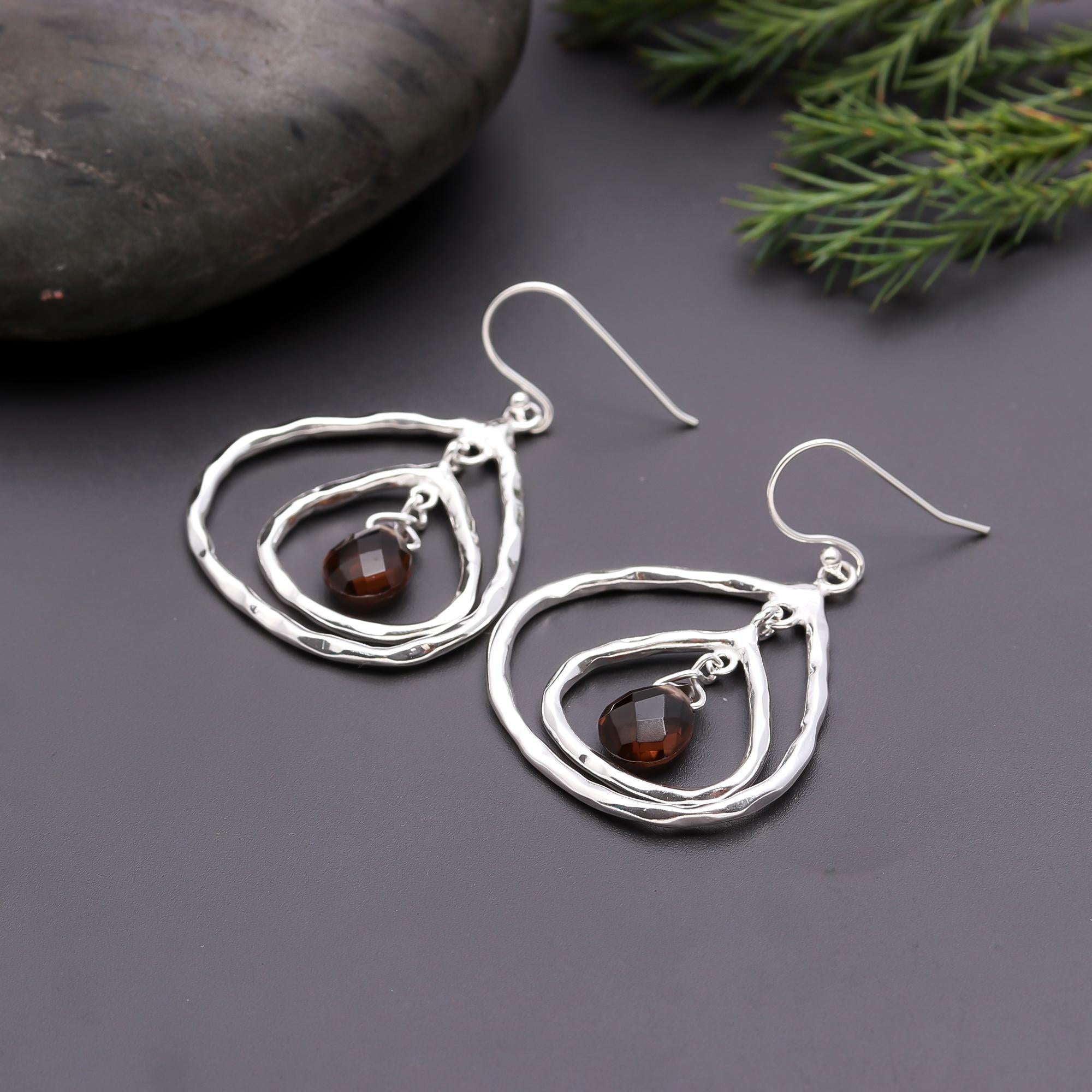 925 Silver Smoky Quartz Hammered Drop Earrings