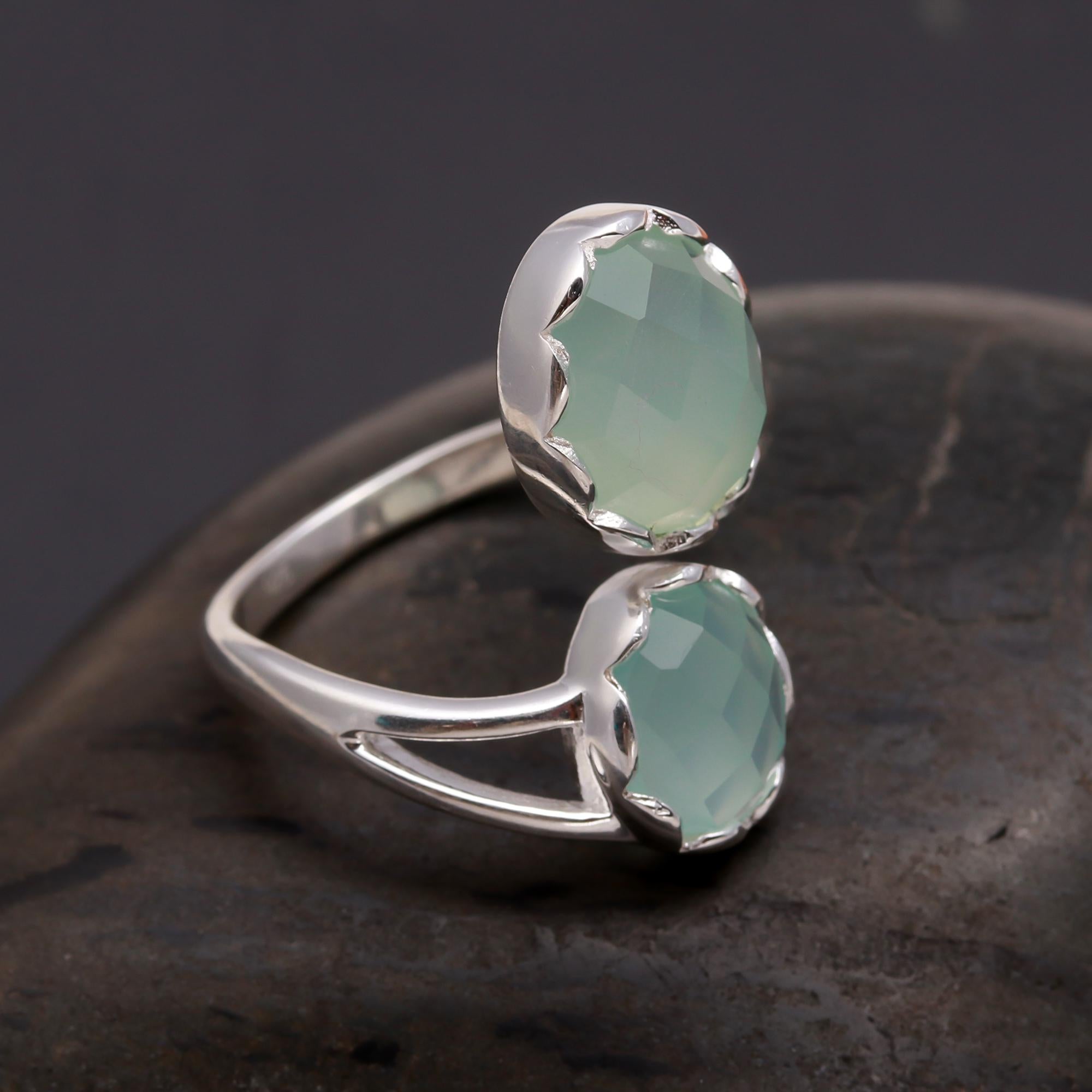 The Dual Harmony: Aqua Chalcedony & Silver Bypass Ring