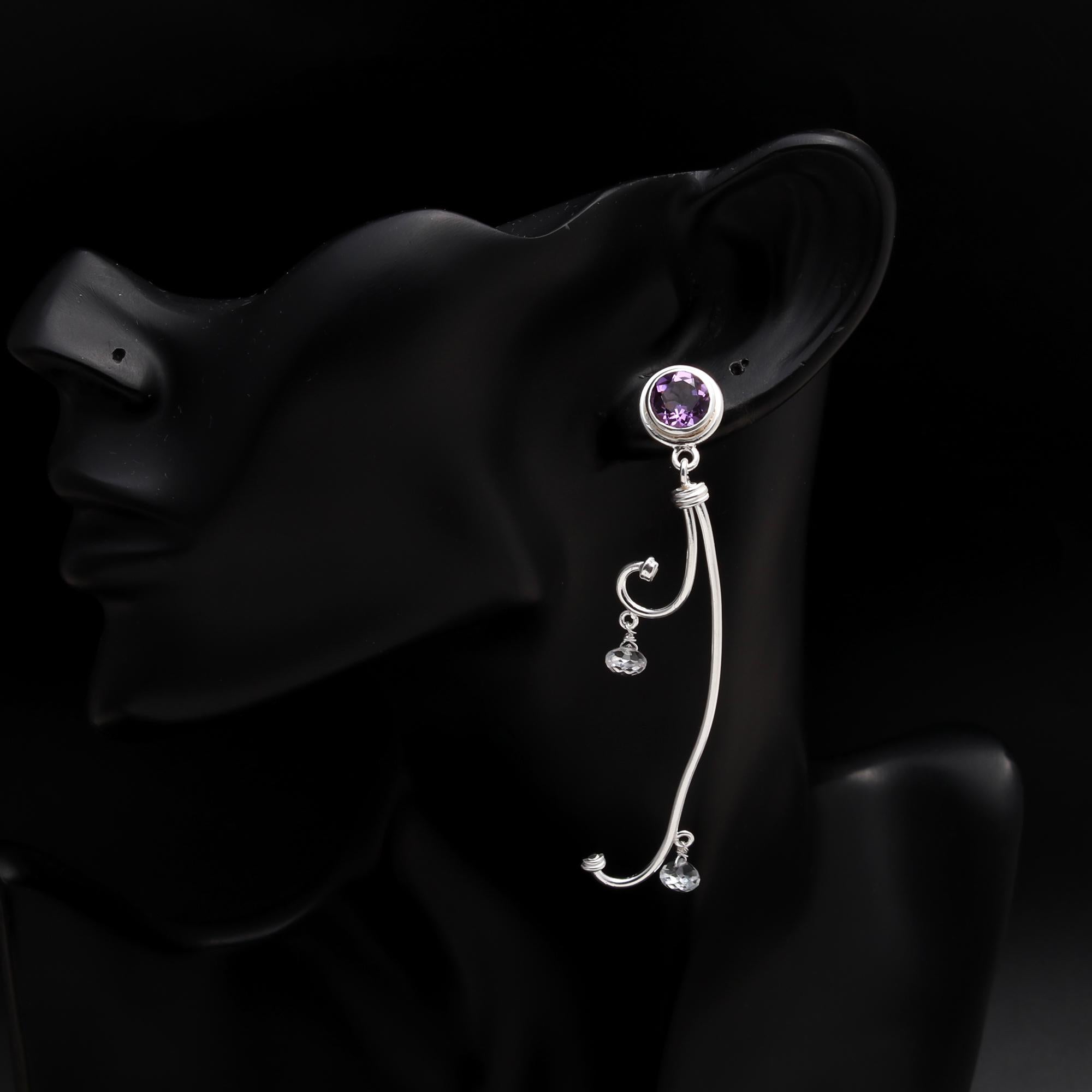 925 Silver Amethyst and Crystal Quartz Long Swirl Earrings