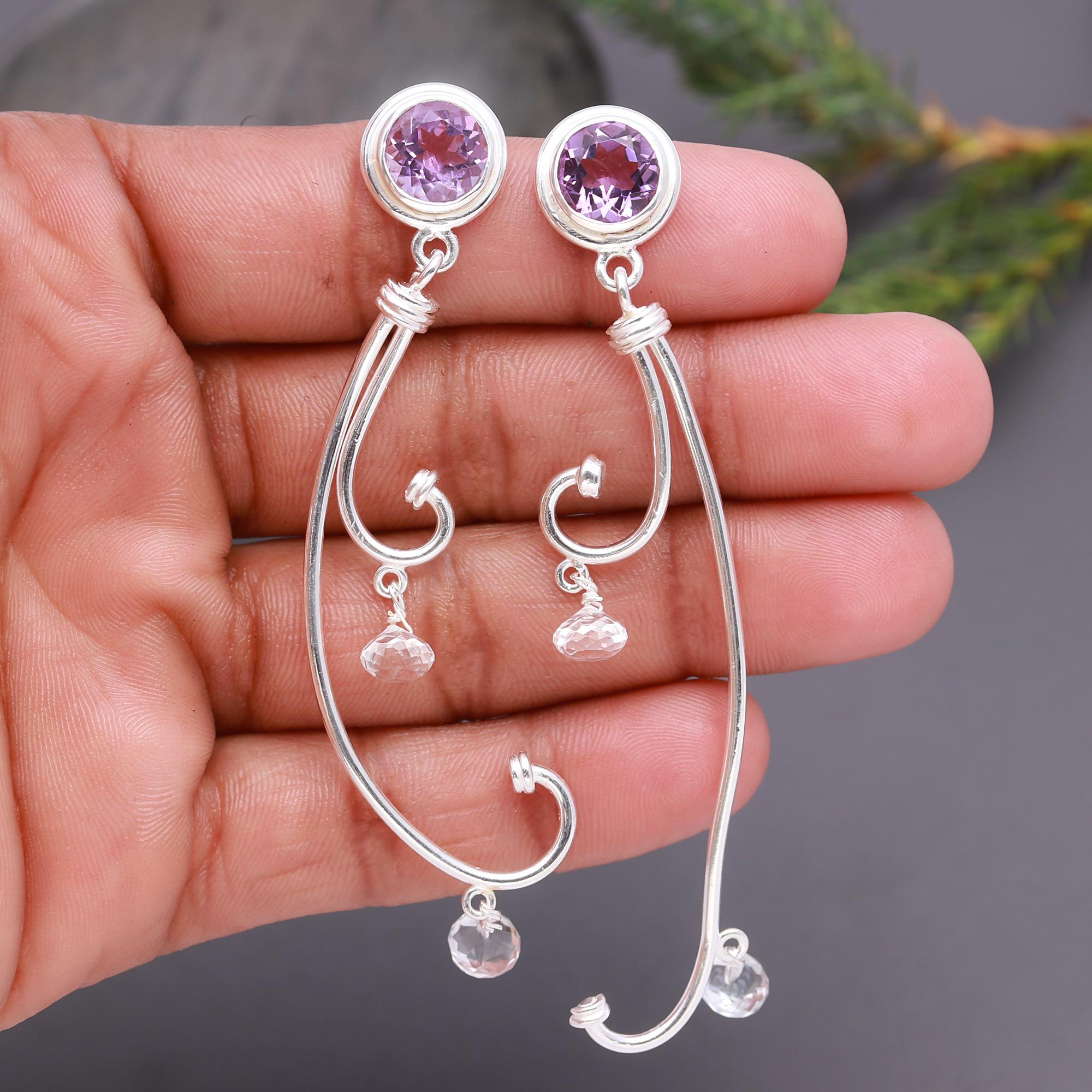 925 Silver Amethyst and Crystal Quartz Long Swirl Earrings