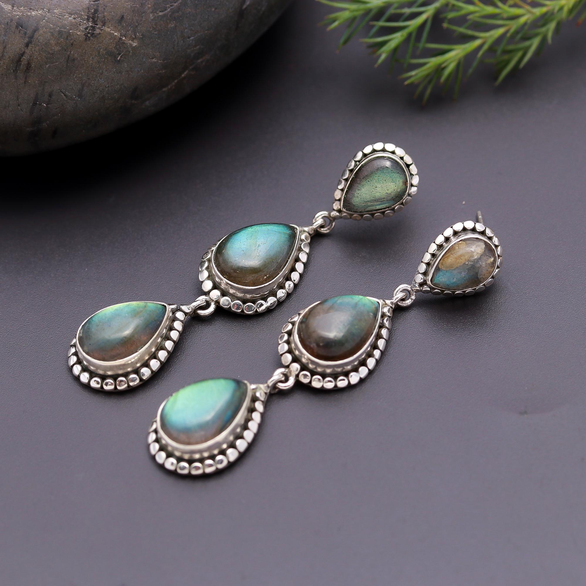 925 Silver Triple Labradorite Drop Earrings