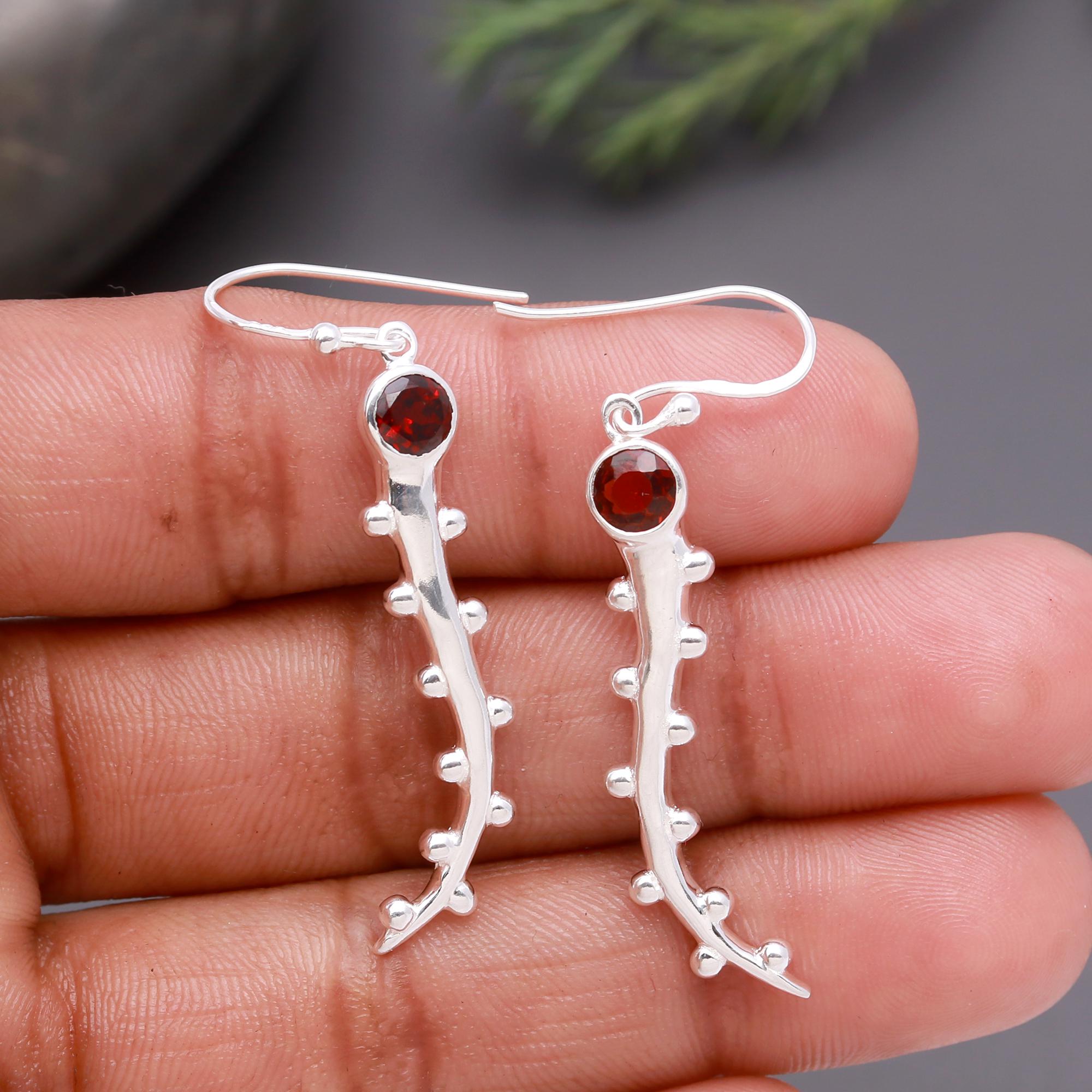 925 Silver Garnet Dangle Earrings