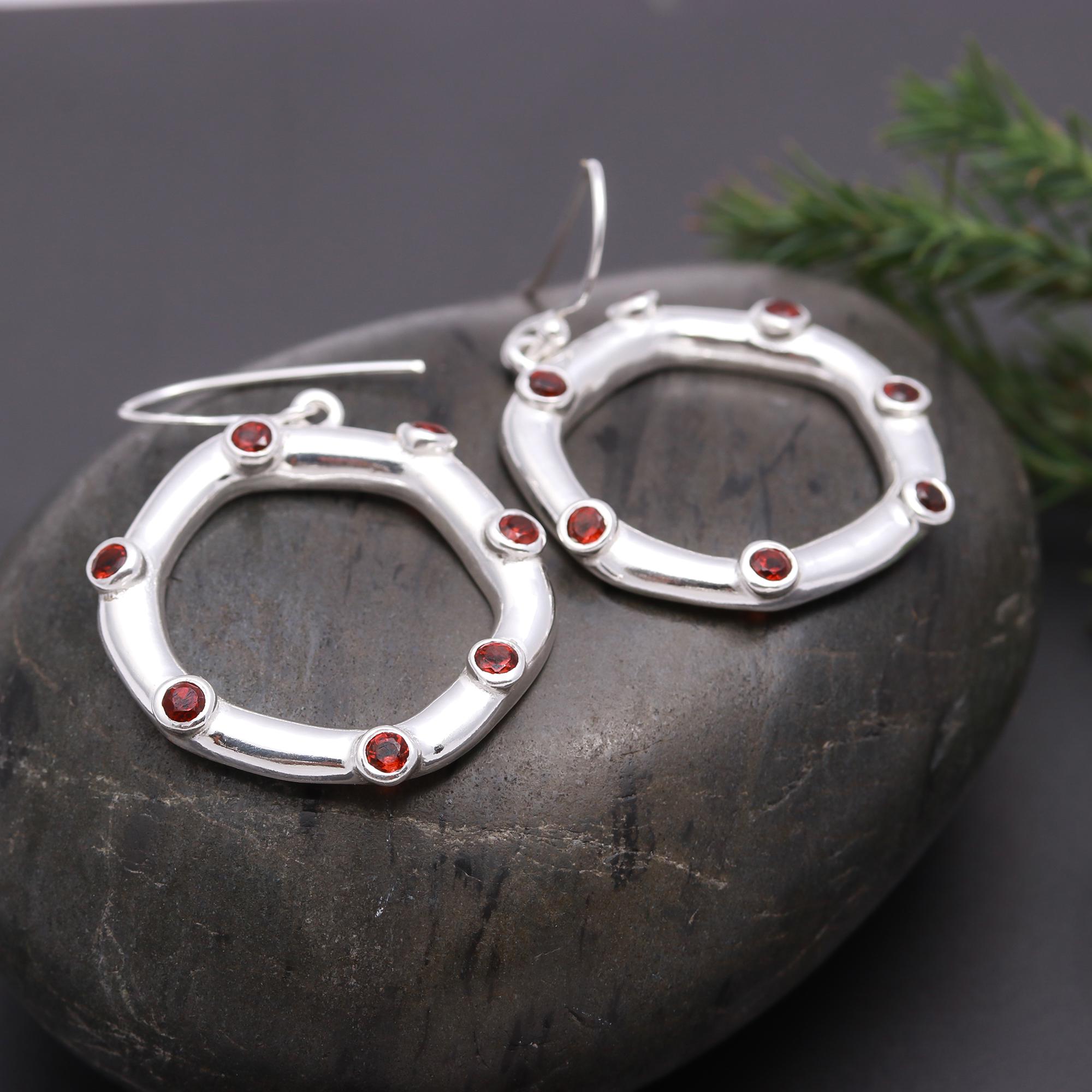 925 Silver Circle Garnet Dangle Earrings