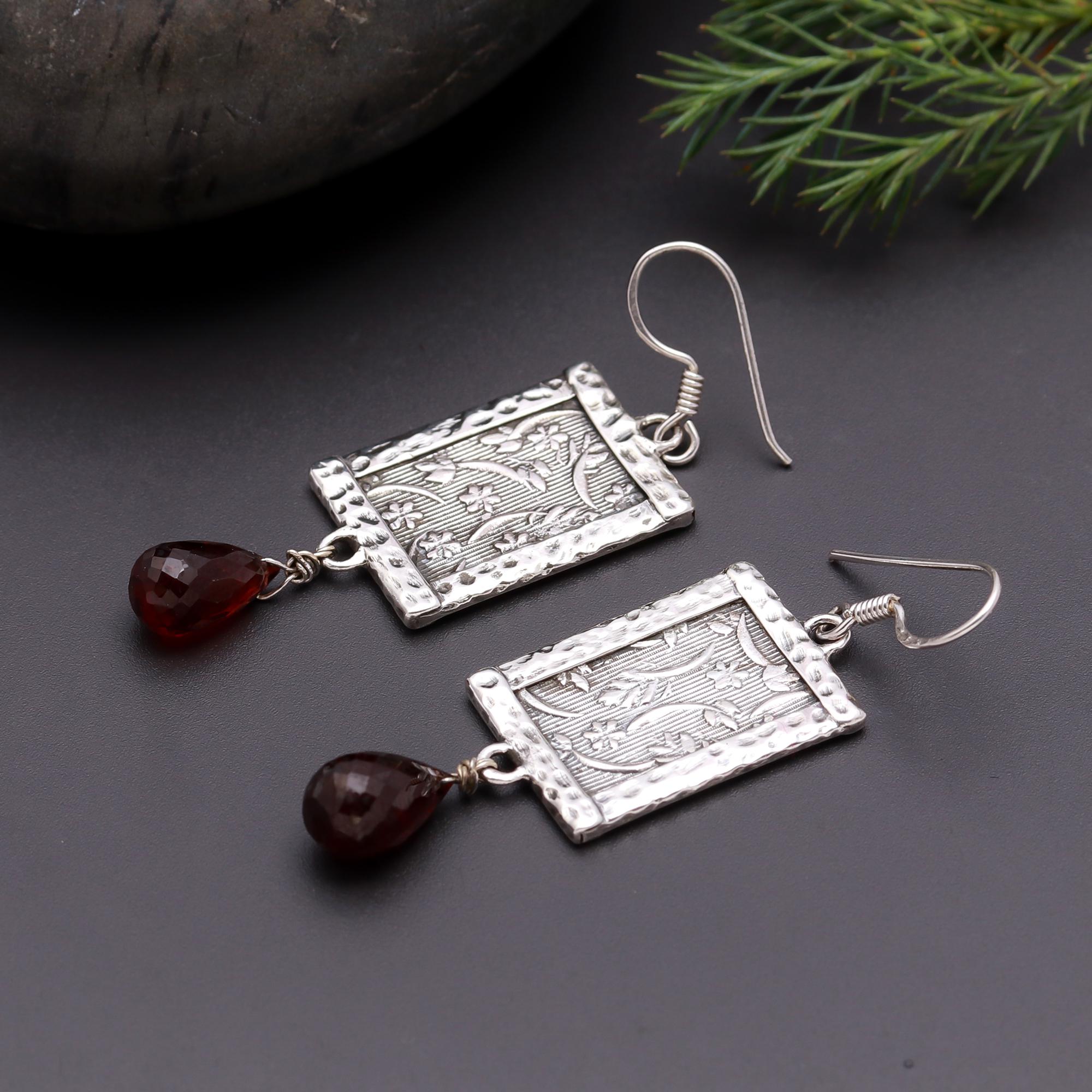925 Silver Floral Engraved Rectangle Dangle Earrings