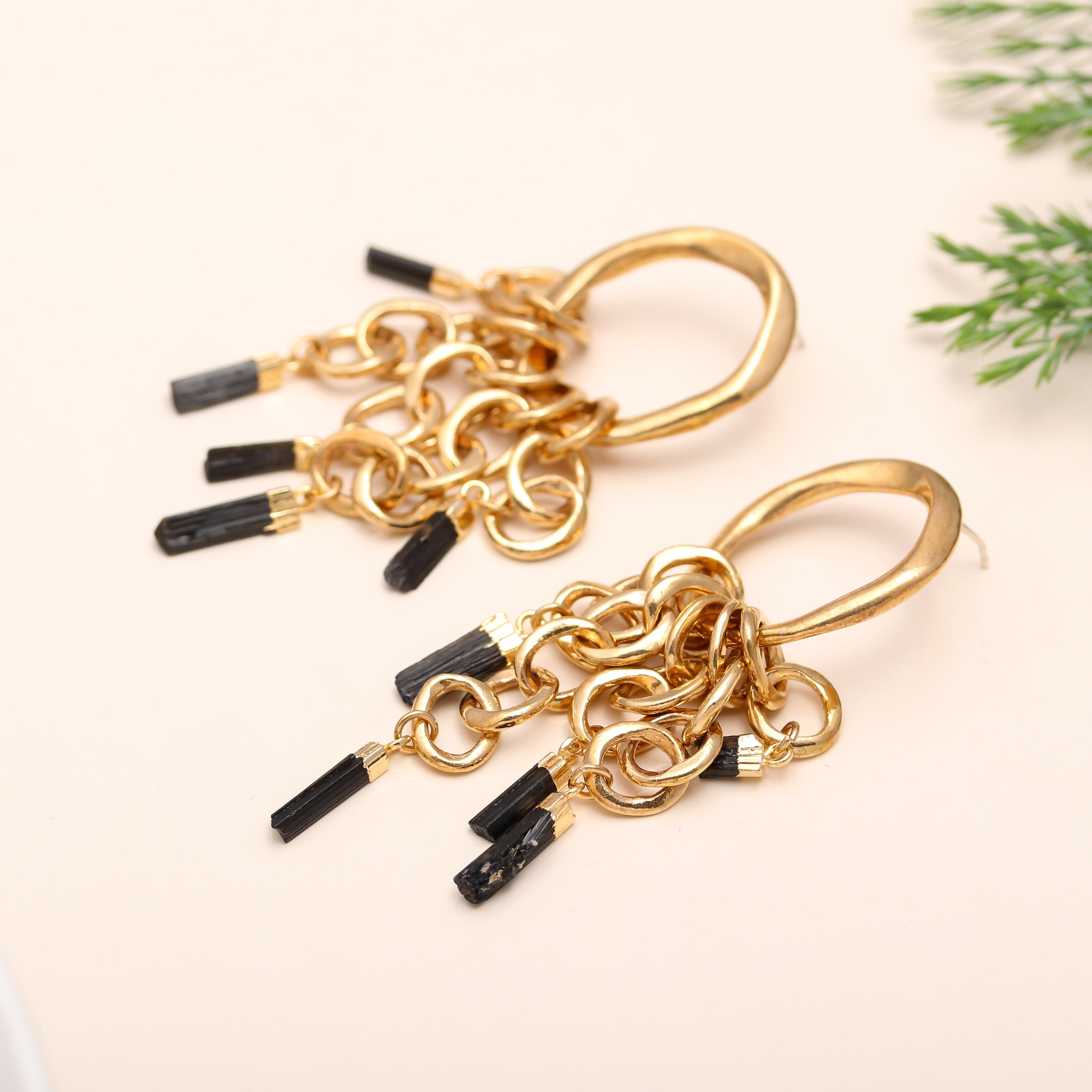 925 Silver Black Tourmaline Chain Drop Earrings