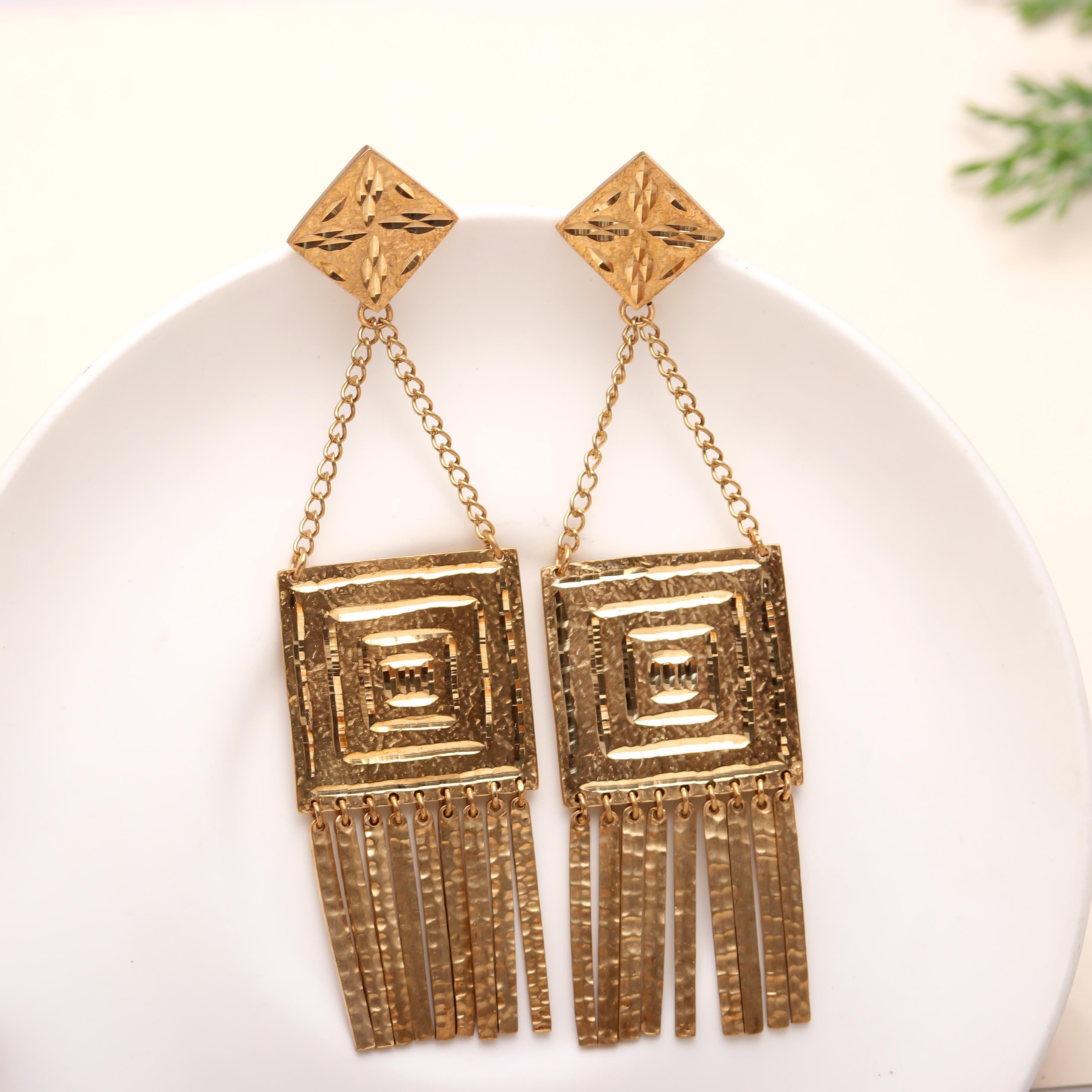 The Golden Temple: Geometric Square Fringe Earrings
