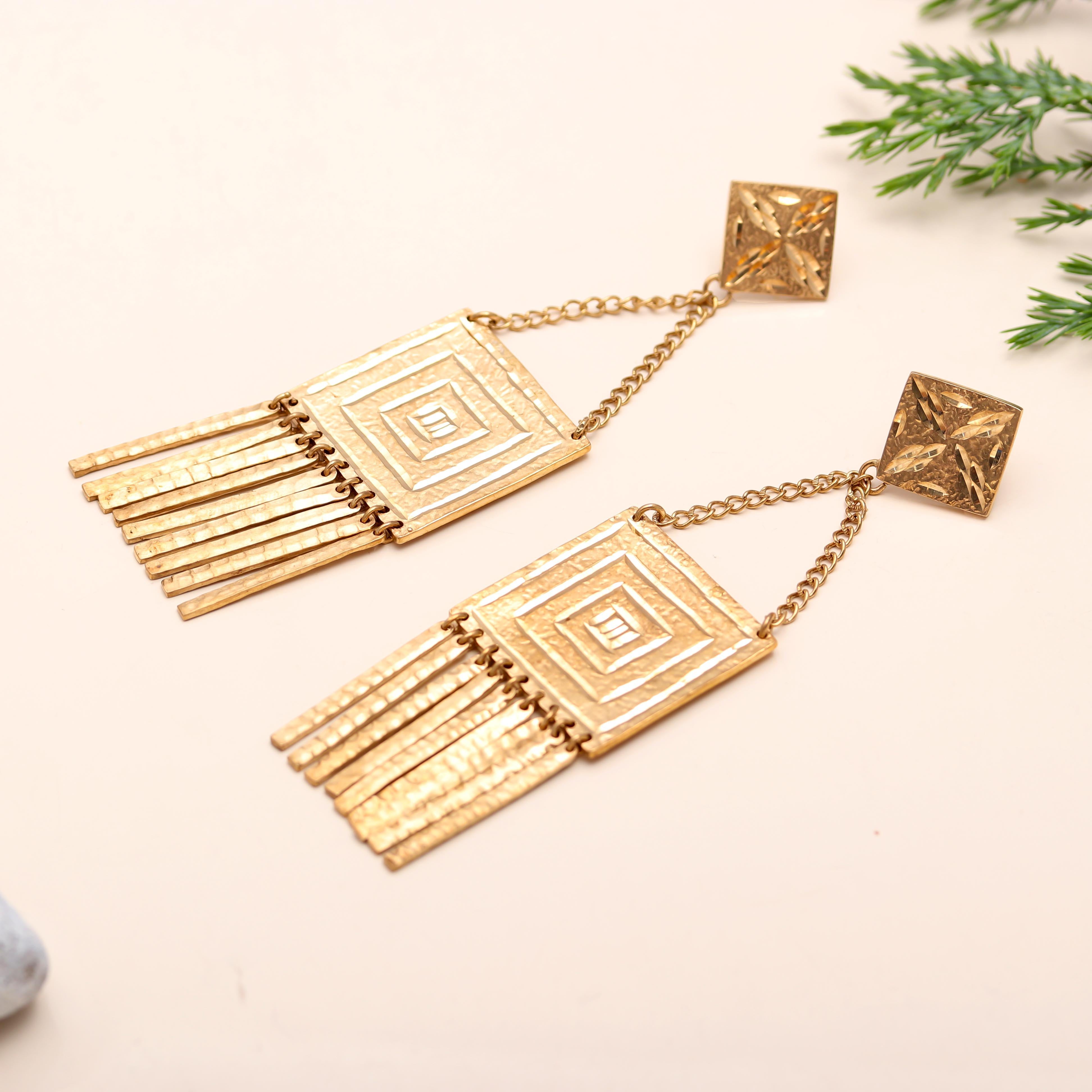 The Golden Temple: Geometric Square Fringe Earrings