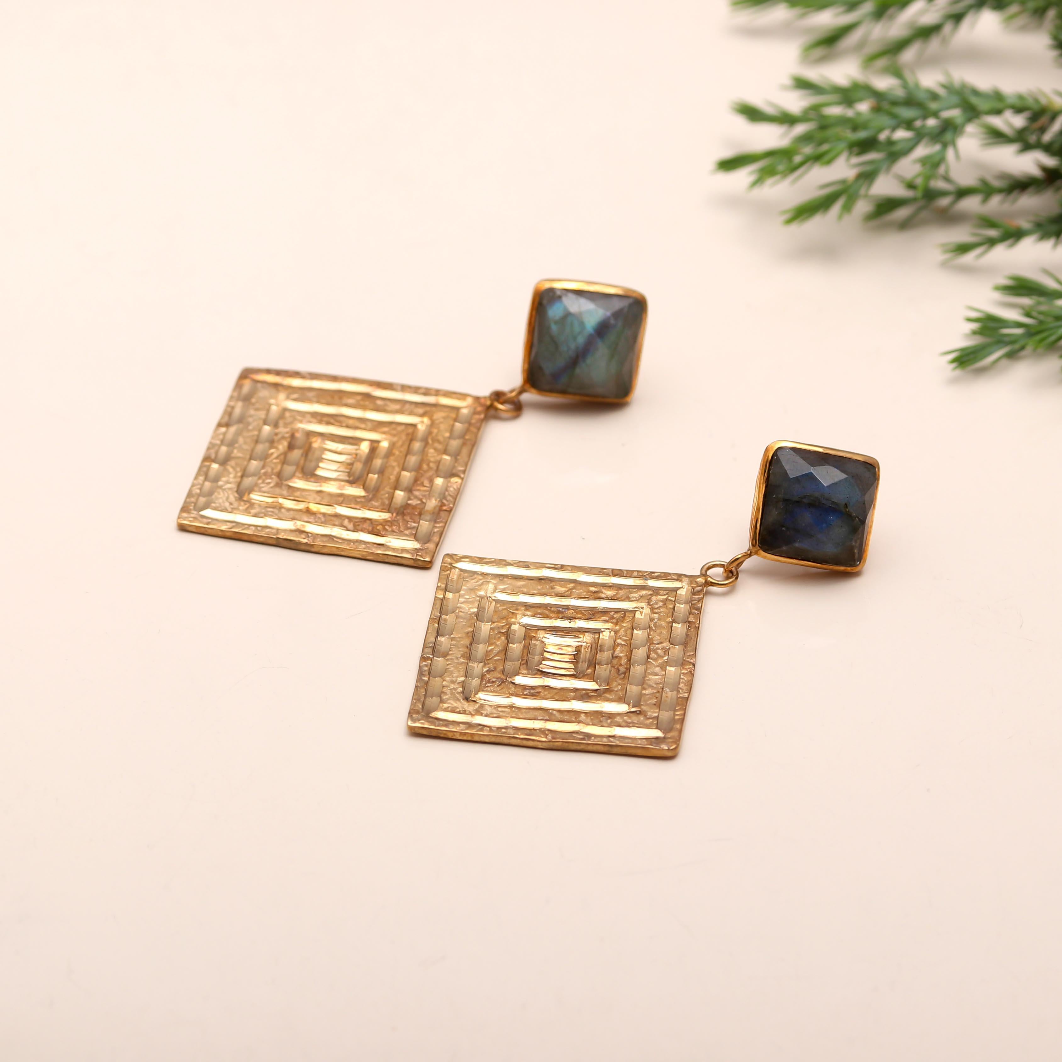 Brass Labradorite Stud Earrings with Hammered Texture Engraving