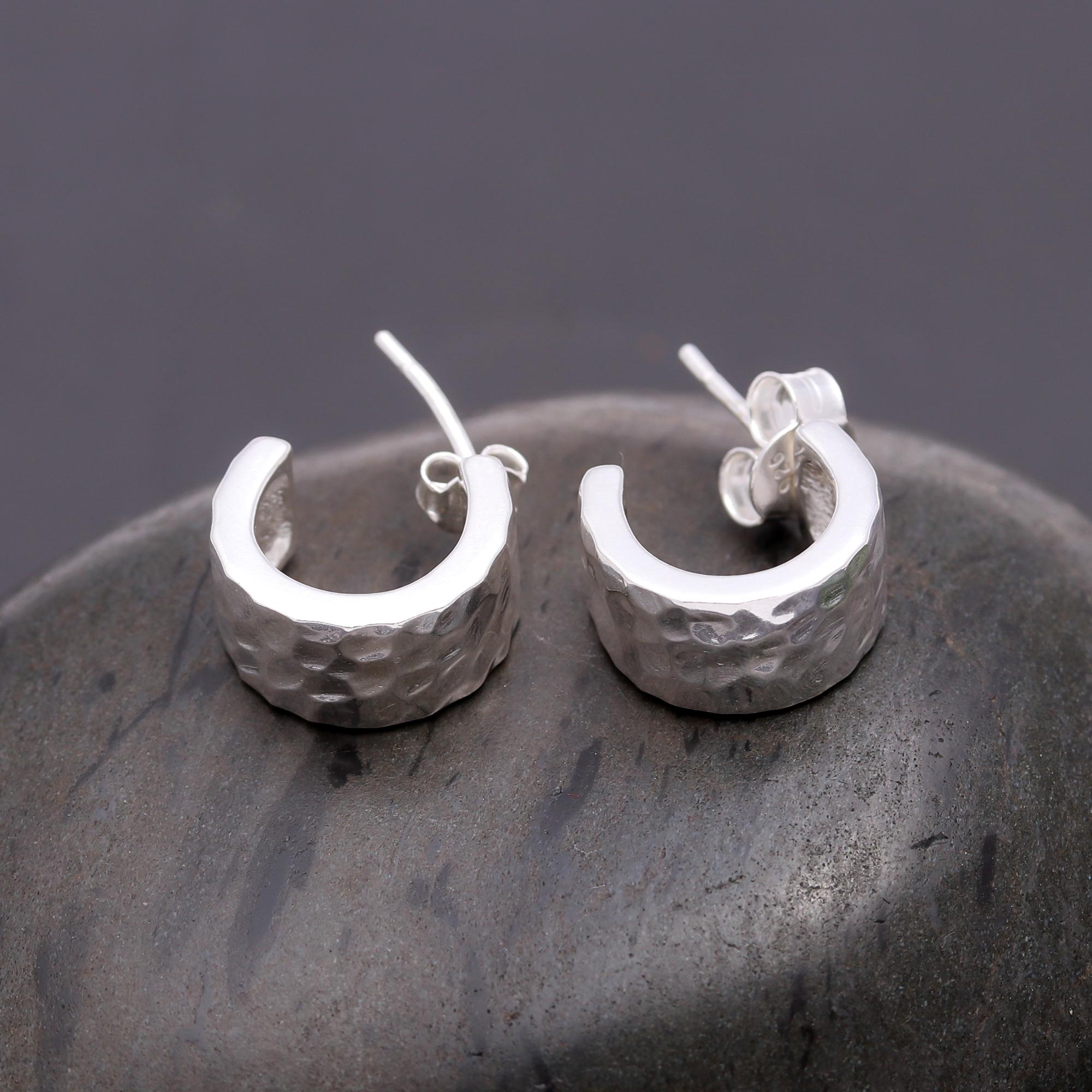 925 Silver Textured Half Hoop Stud Earrings