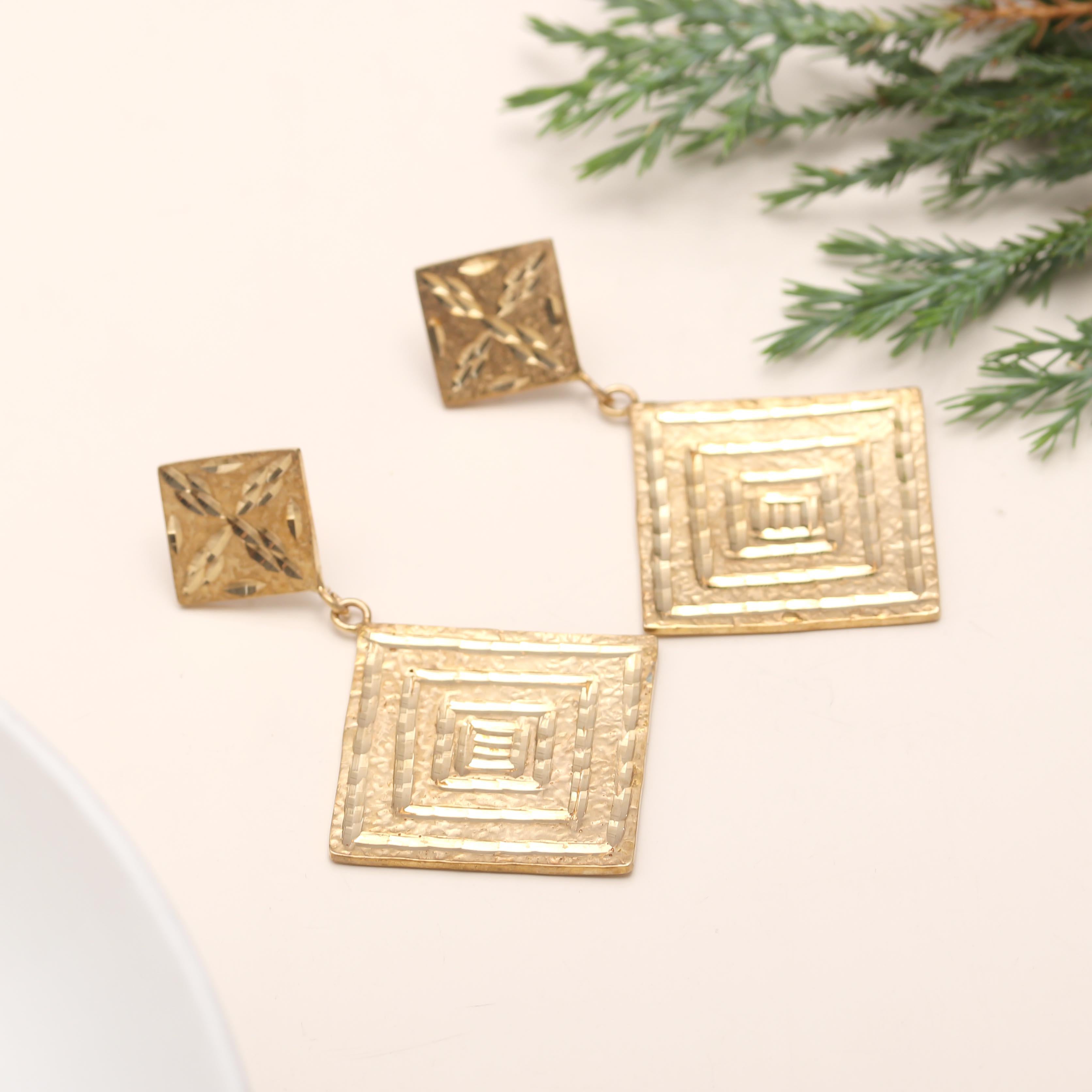 The Golden Maze: Textured Gold Geometric Drop Earrings