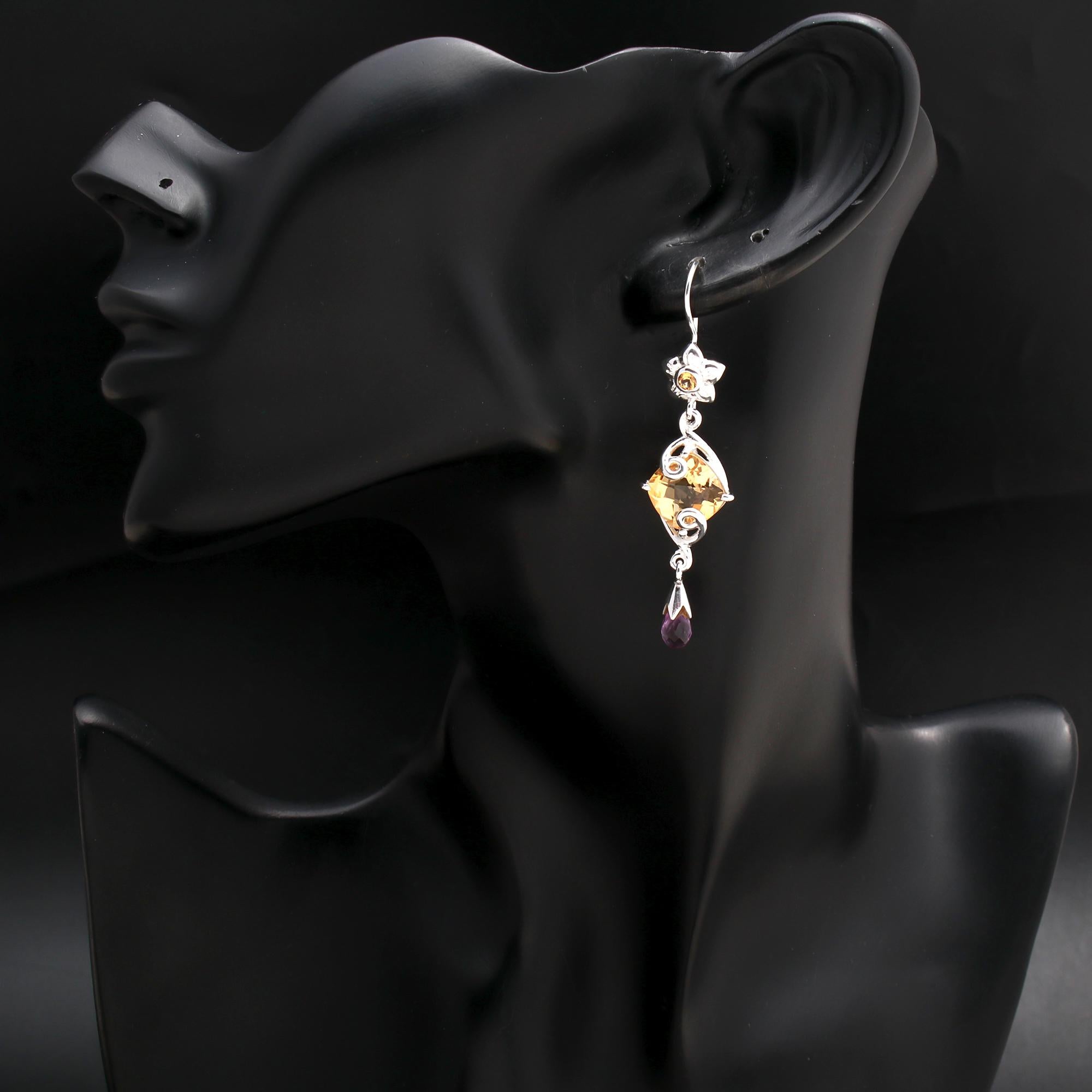 925 Silver Citrine and Amethyst Floral Dangle Earrings