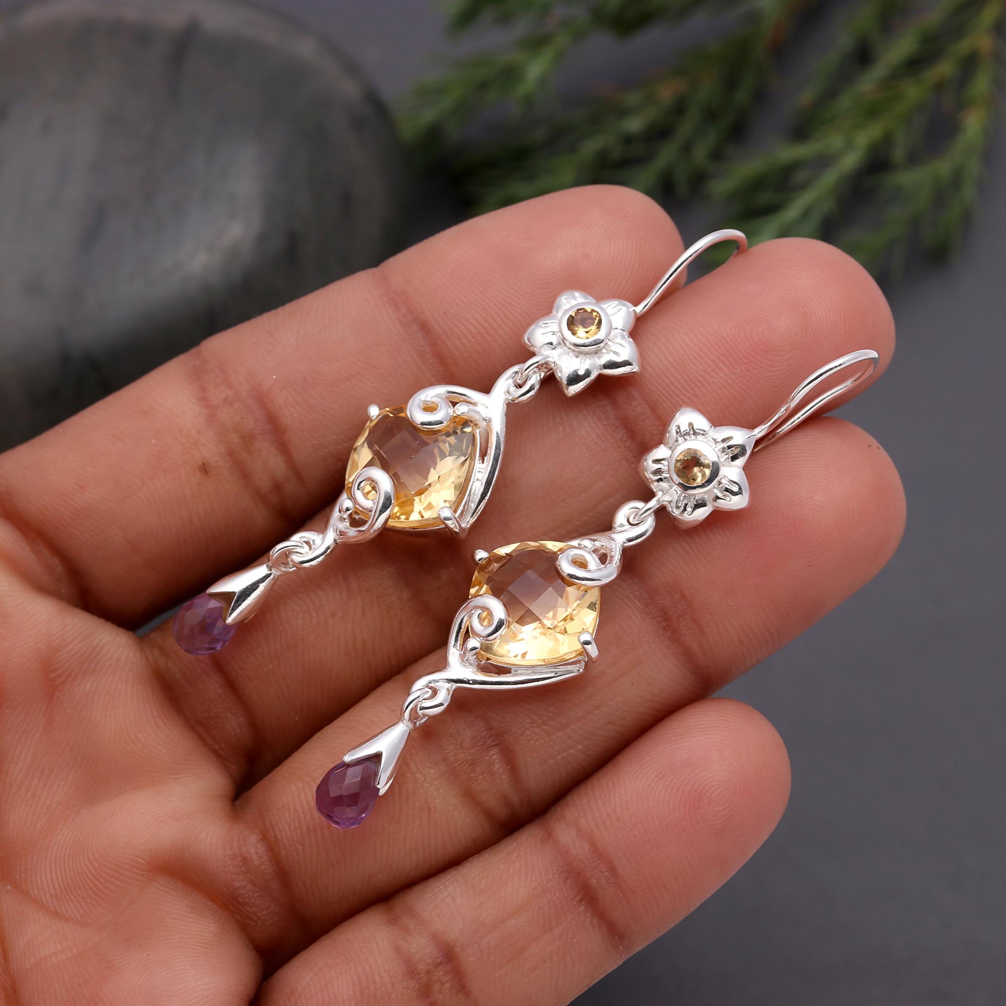 925 Silver Citrine and Amethyst Floral Dangle Earrings