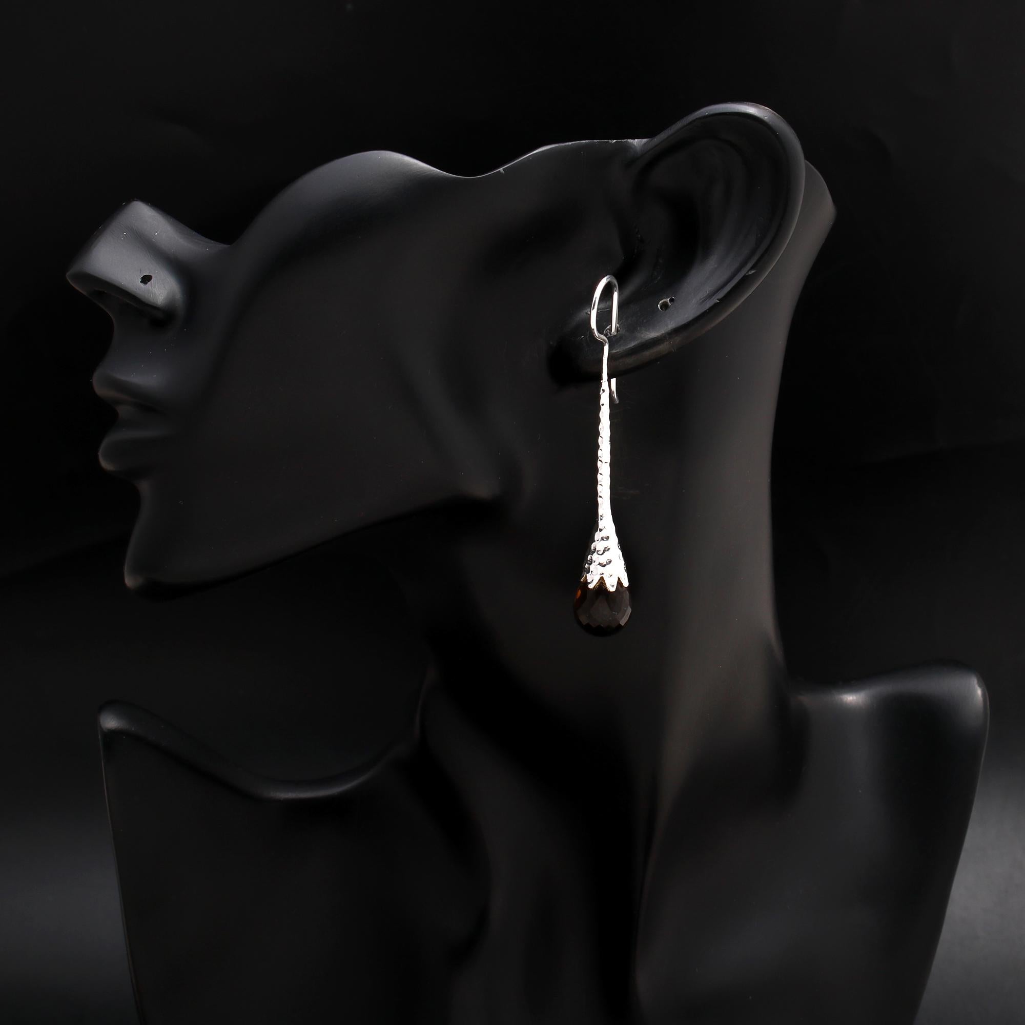 925 Silver Smoky Quartz Textured Long Drop Earrings