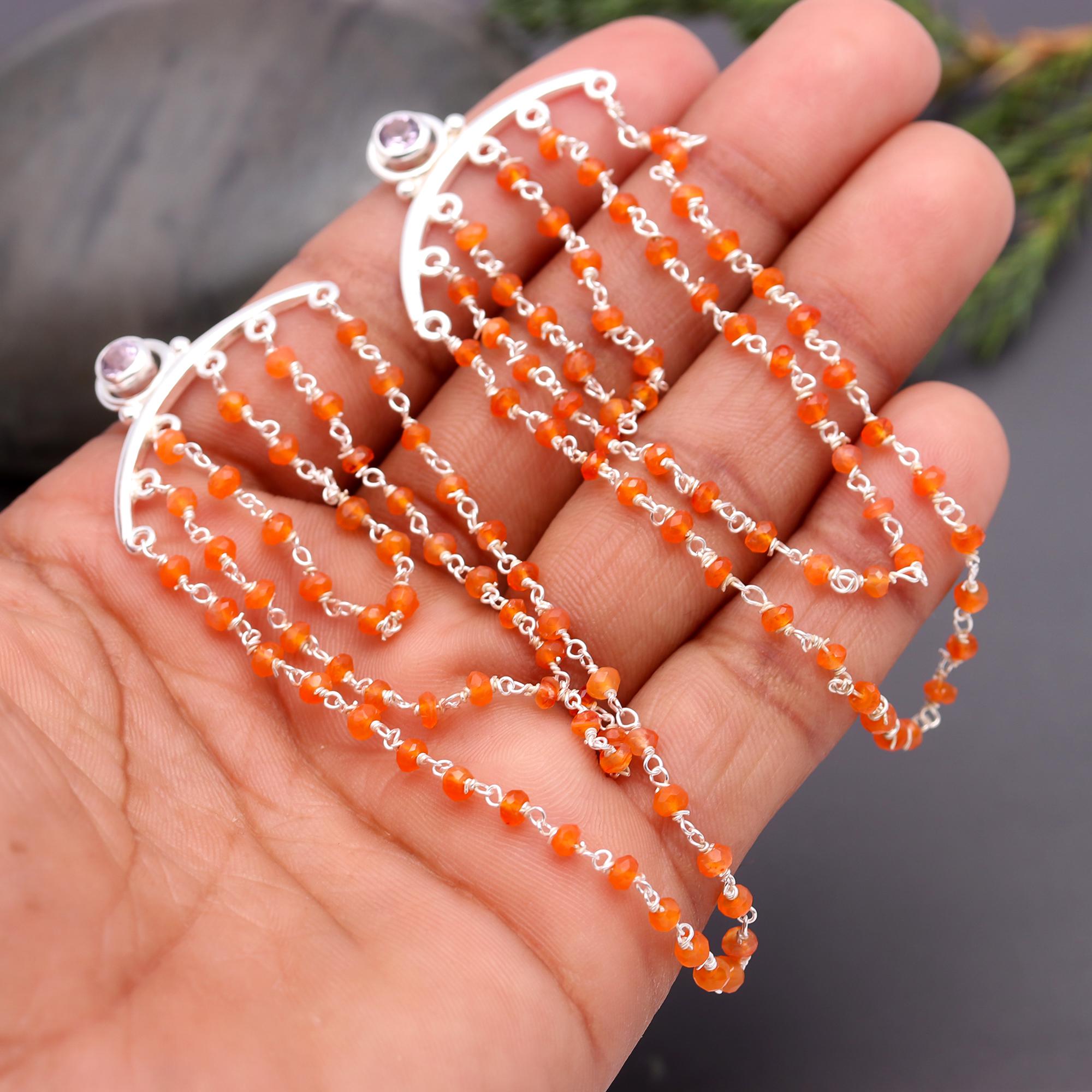 925 Silver Carnelian Beaded Chain Dangle Earrings