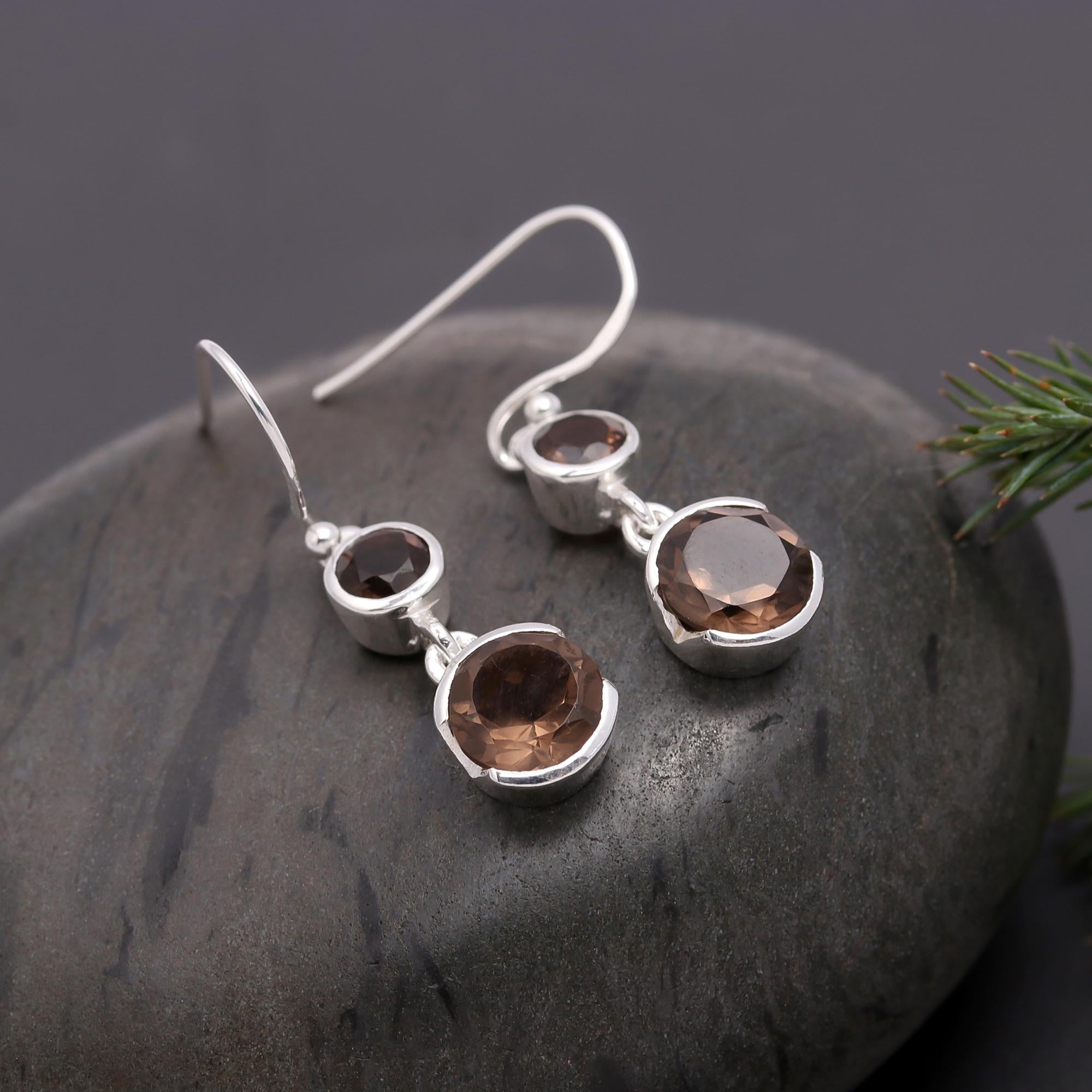 925 Silver Double Smoky Quartz Dangle Earrings