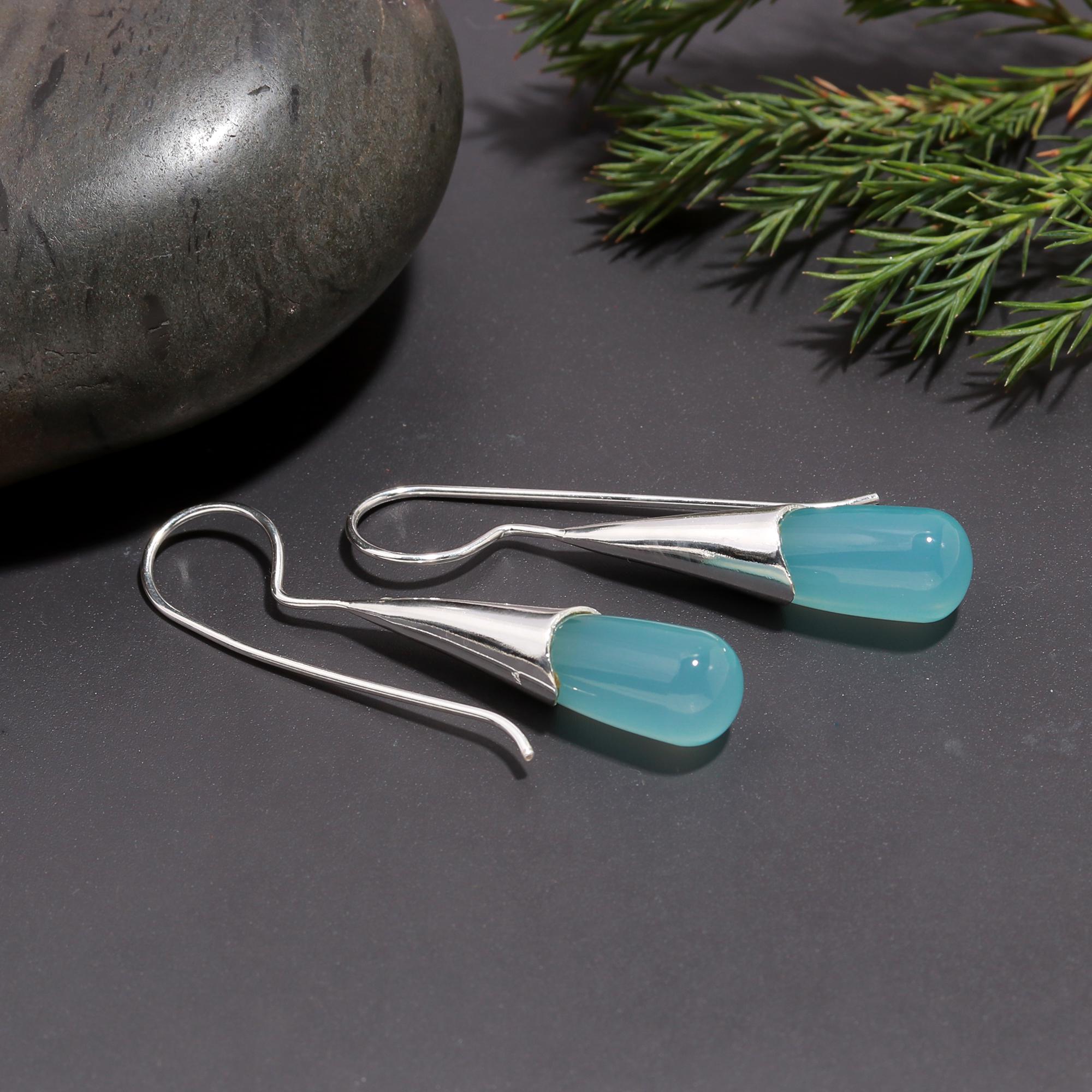 925 Silver Blue Chalcedony Long Drop Earrings