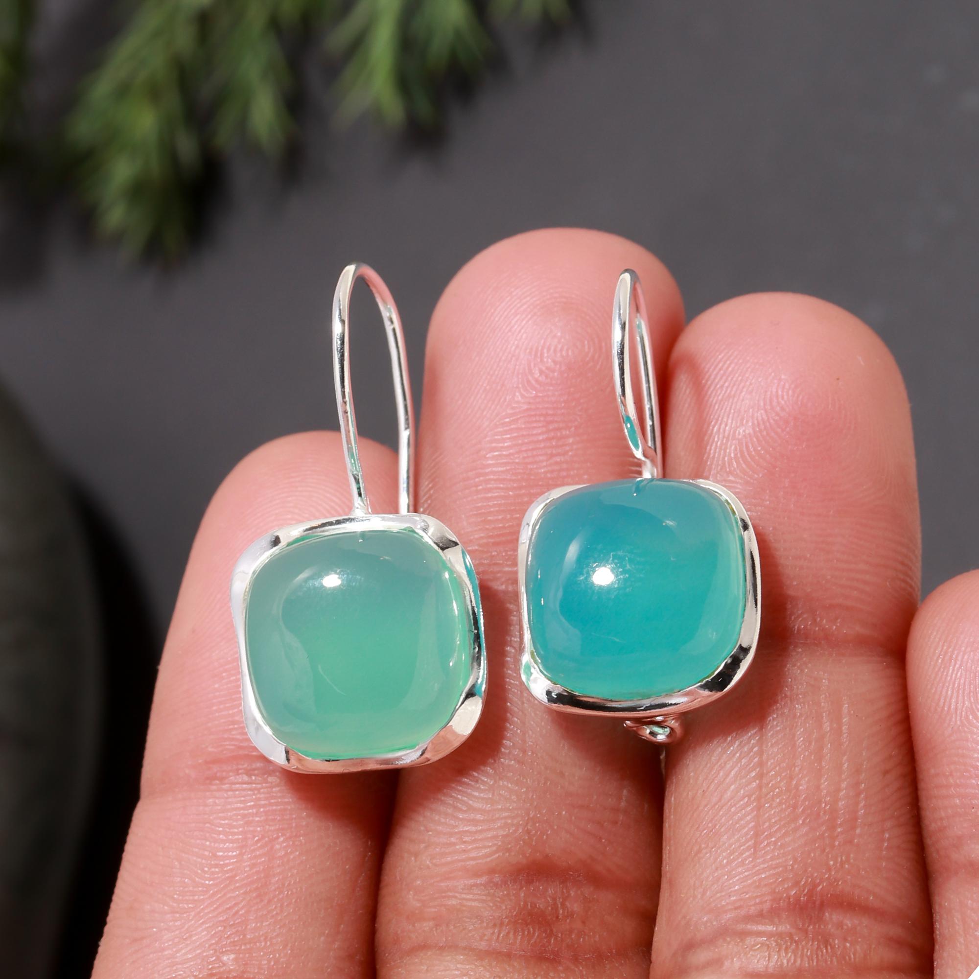 925 Silver Aqua Chalcedony Dangle Earrings