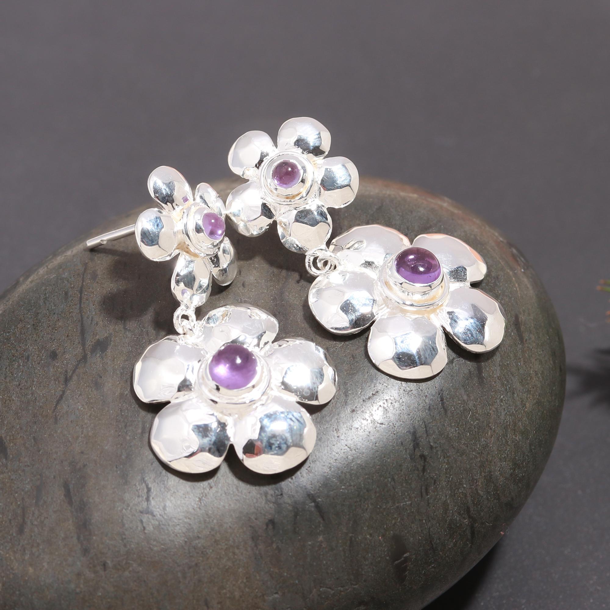 925 Silver Double Flower Amethyst Drop Earrings