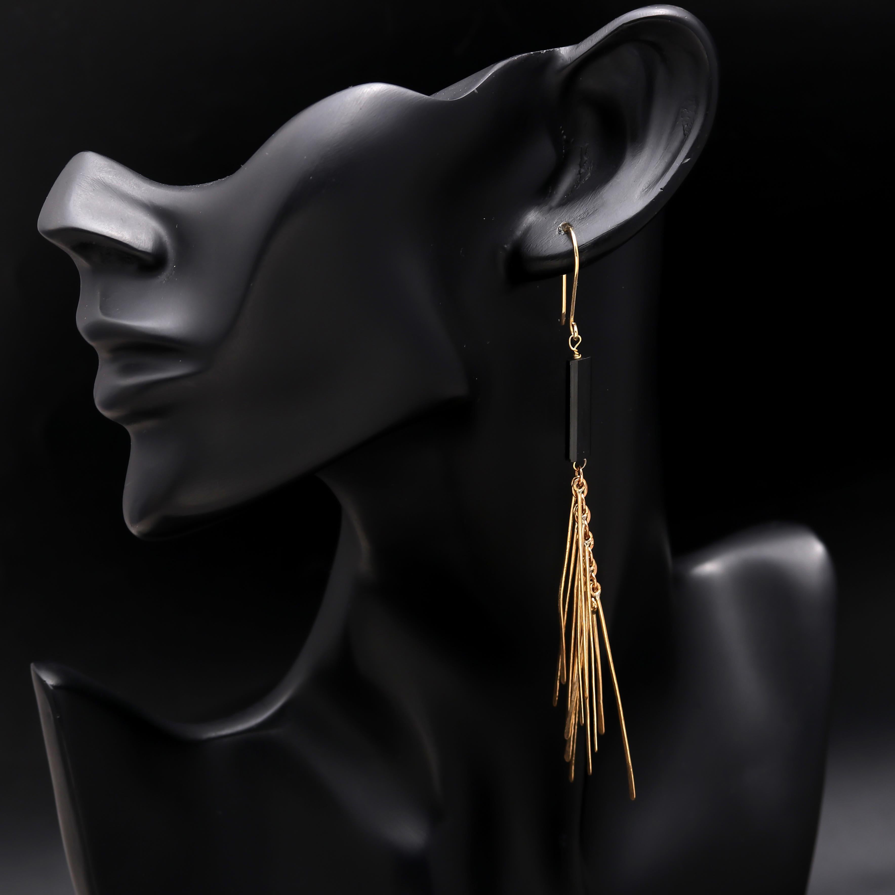 The Midnight Ray: Black Onyx & Gold Fringe Earrings