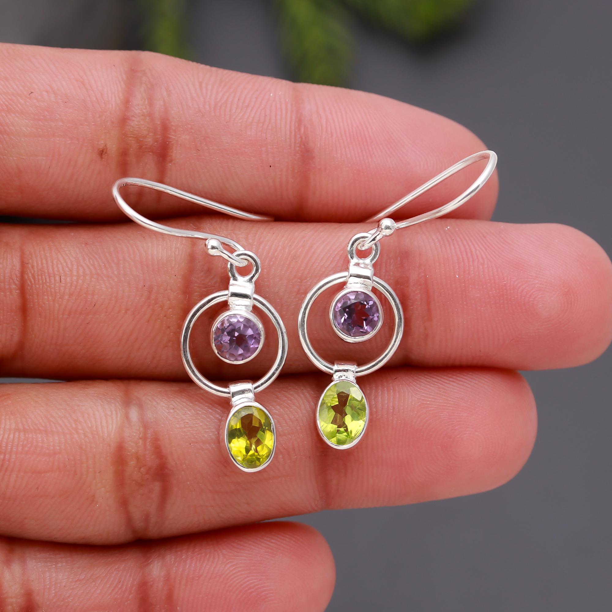 925 Silver Amethyst and Peridot Circle Dangle Earrings