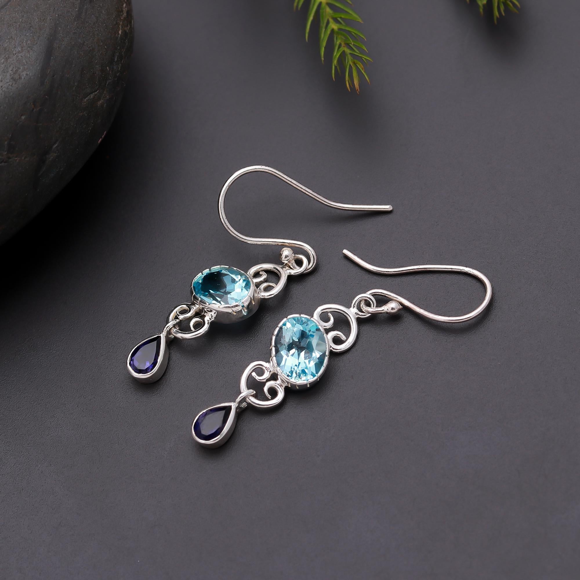 925 Silver Blue Topaz and Iolite Dangle Earrings