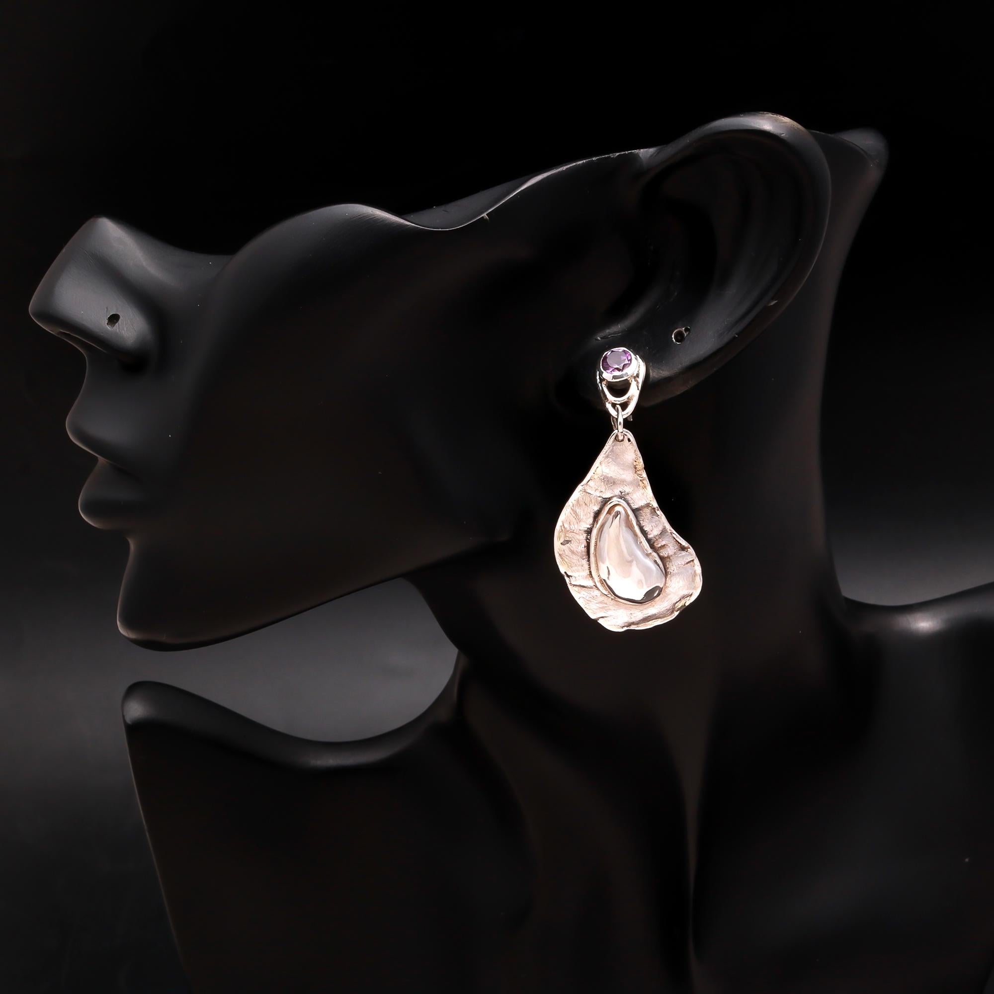 925 Silver Amethyst and Textured Abstract Drop Earrings