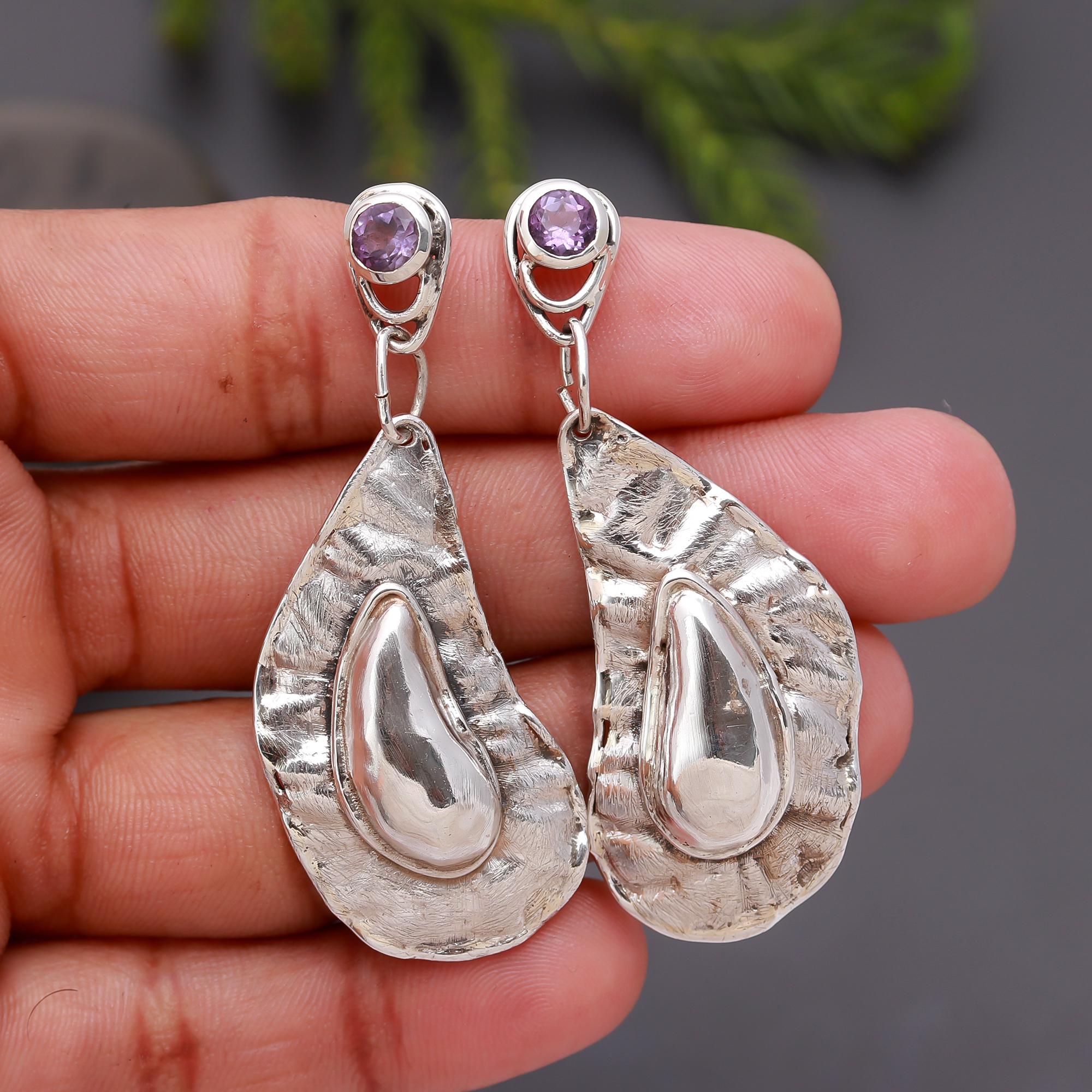 925 Silver Amethyst and Textured Abstract Drop Earrings