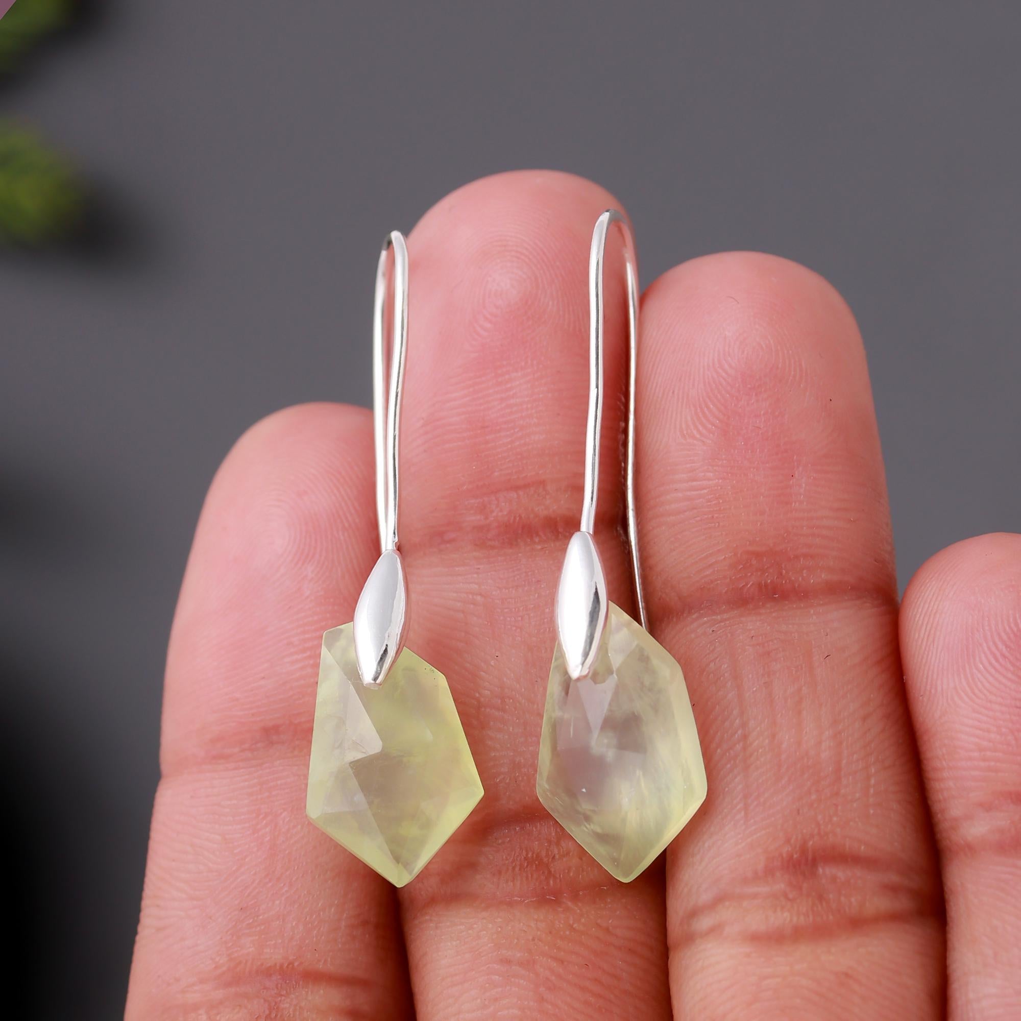 925 Silver Faceted Prehnite Dangle Earrings
