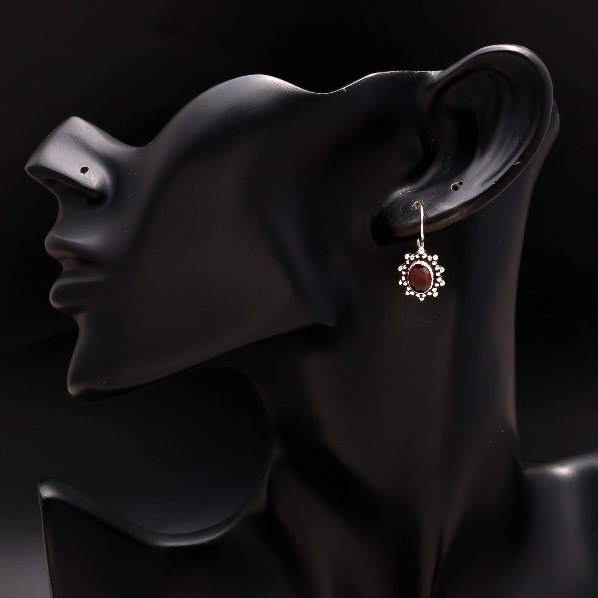 925 Silver Oval Garnet Dangle Earrings