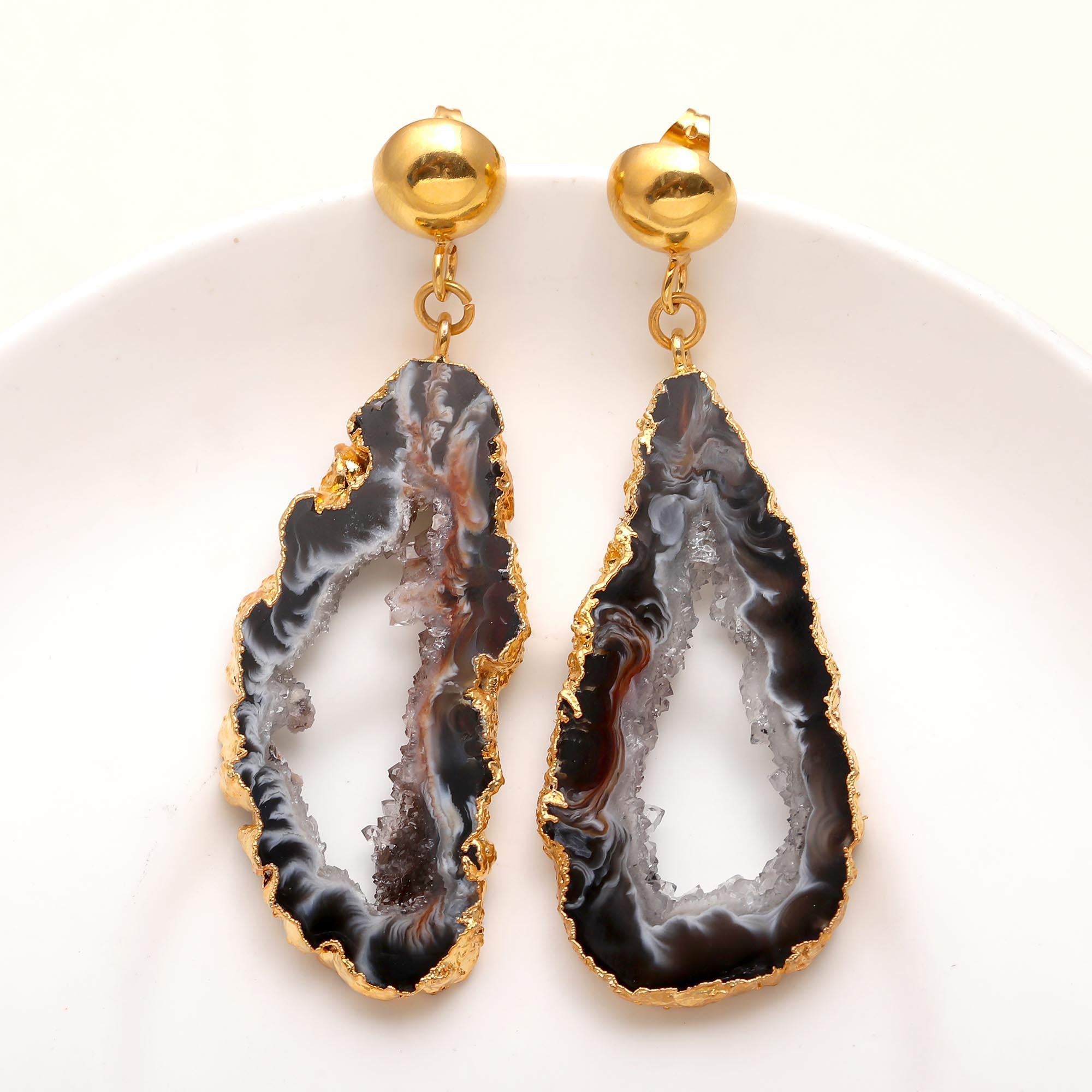 The Midnight Geode: Black Agate Slice Gold Drop Earrings