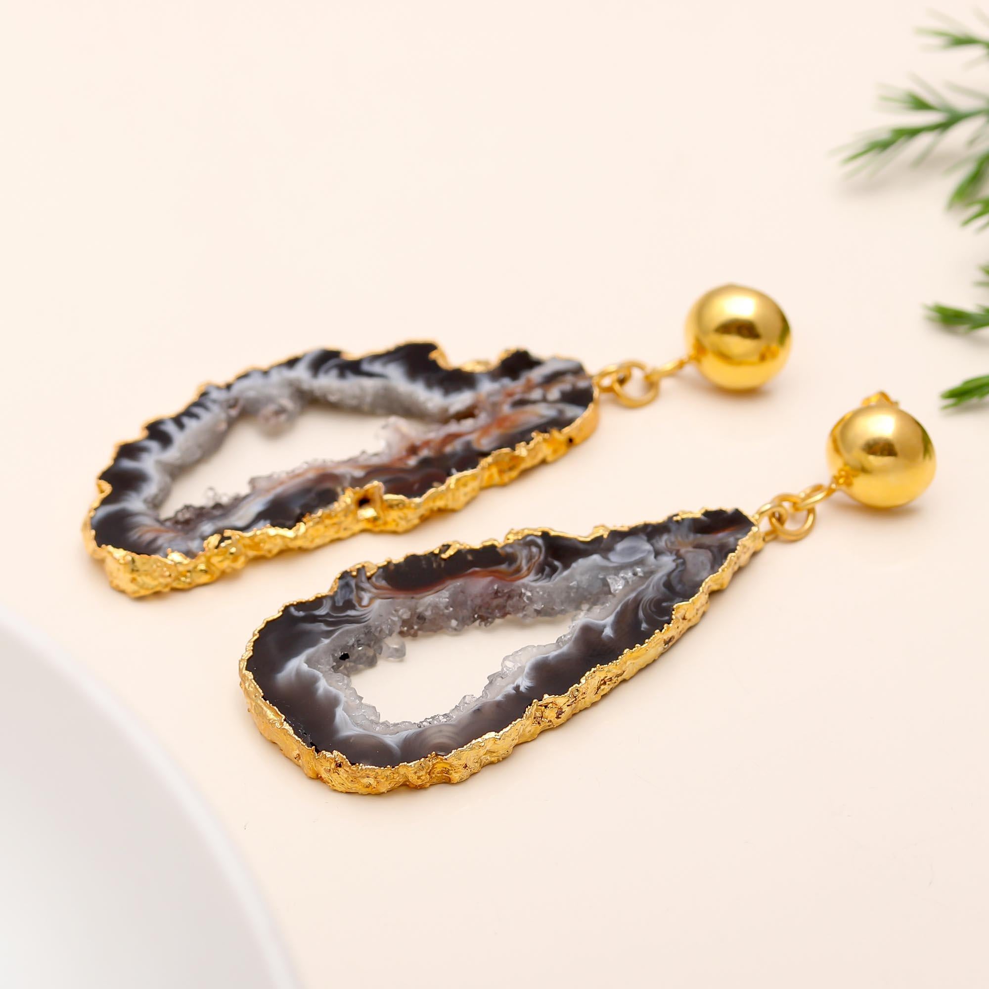 Hypoallergenic Brass Tobacco Geode Slice Agate Drusy Drop Earrings