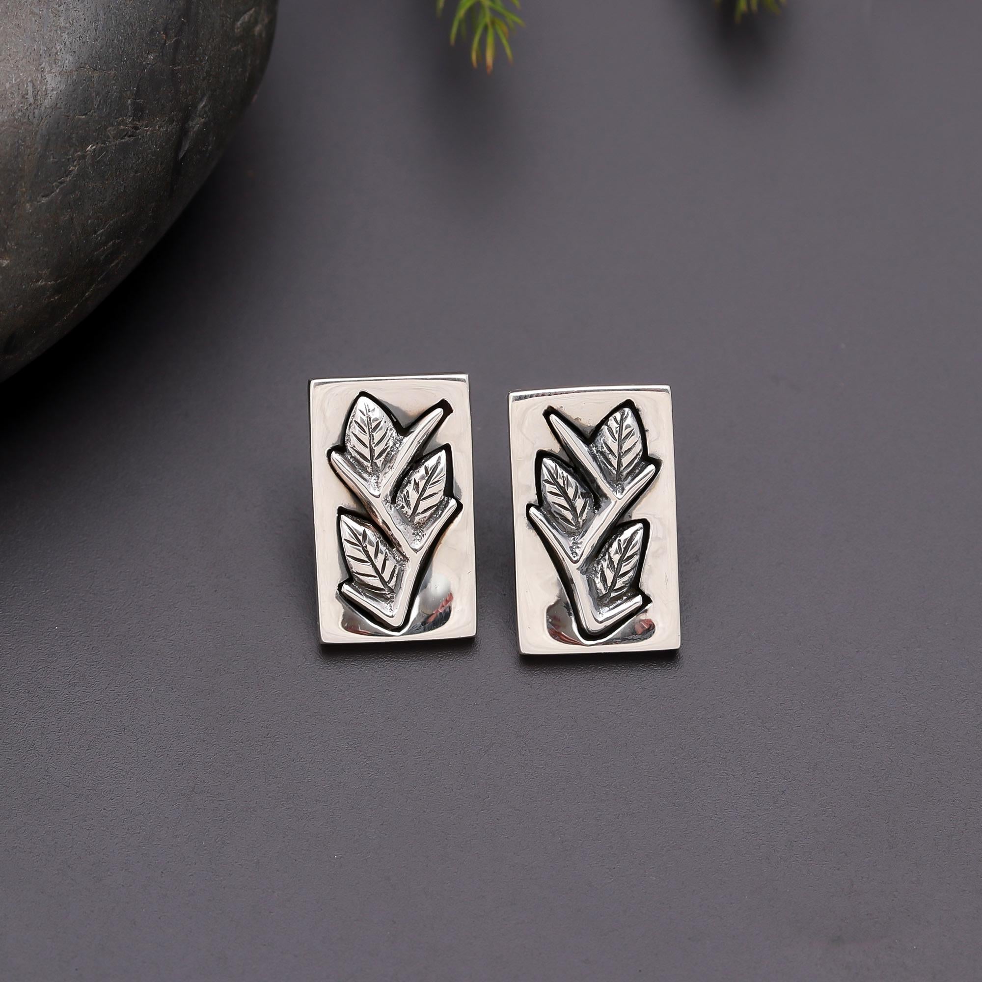 925 Silver Leaf Motif Rectangle Stud Earrings