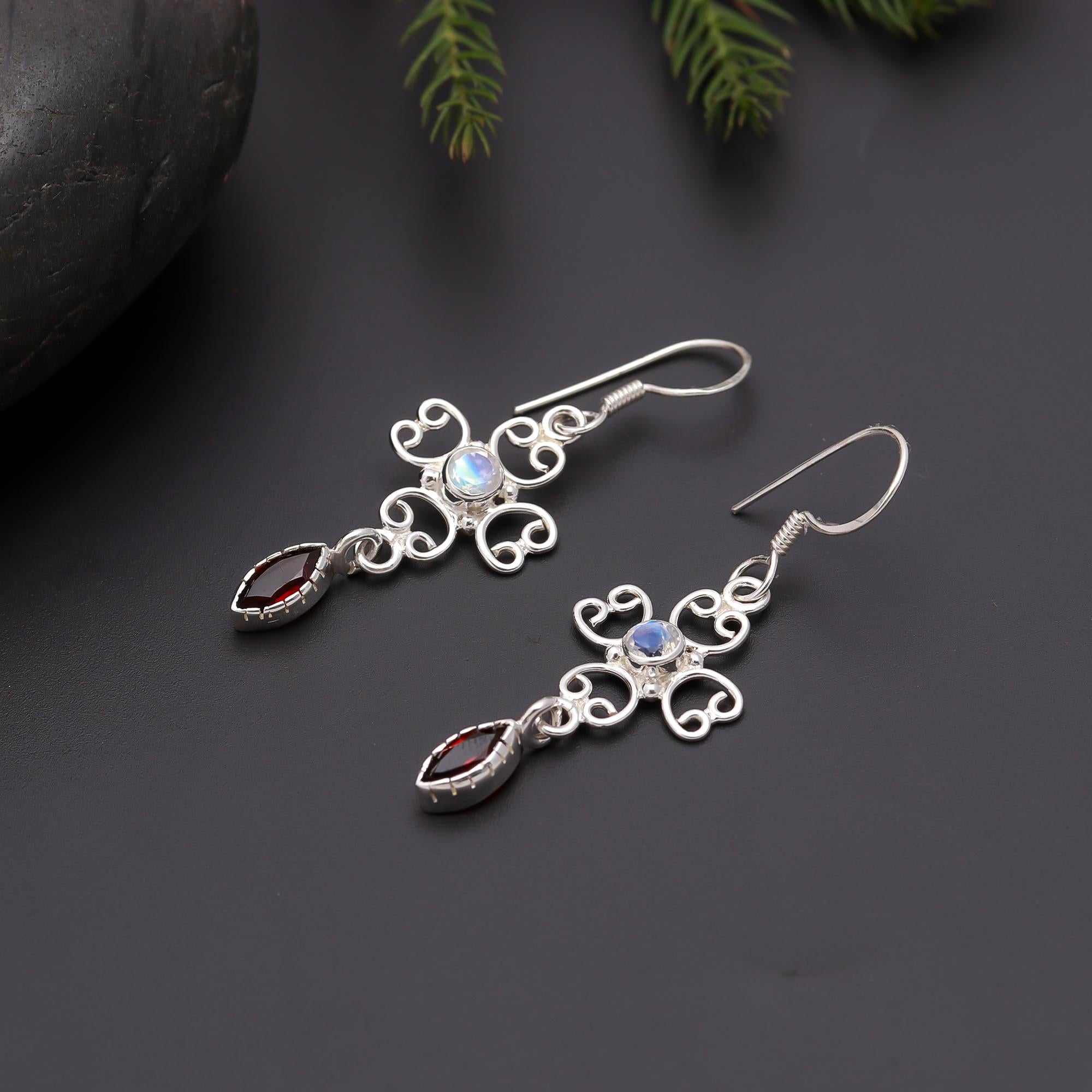 925 Silver Moonstone and Garnet Scroll Dangle Earrings
