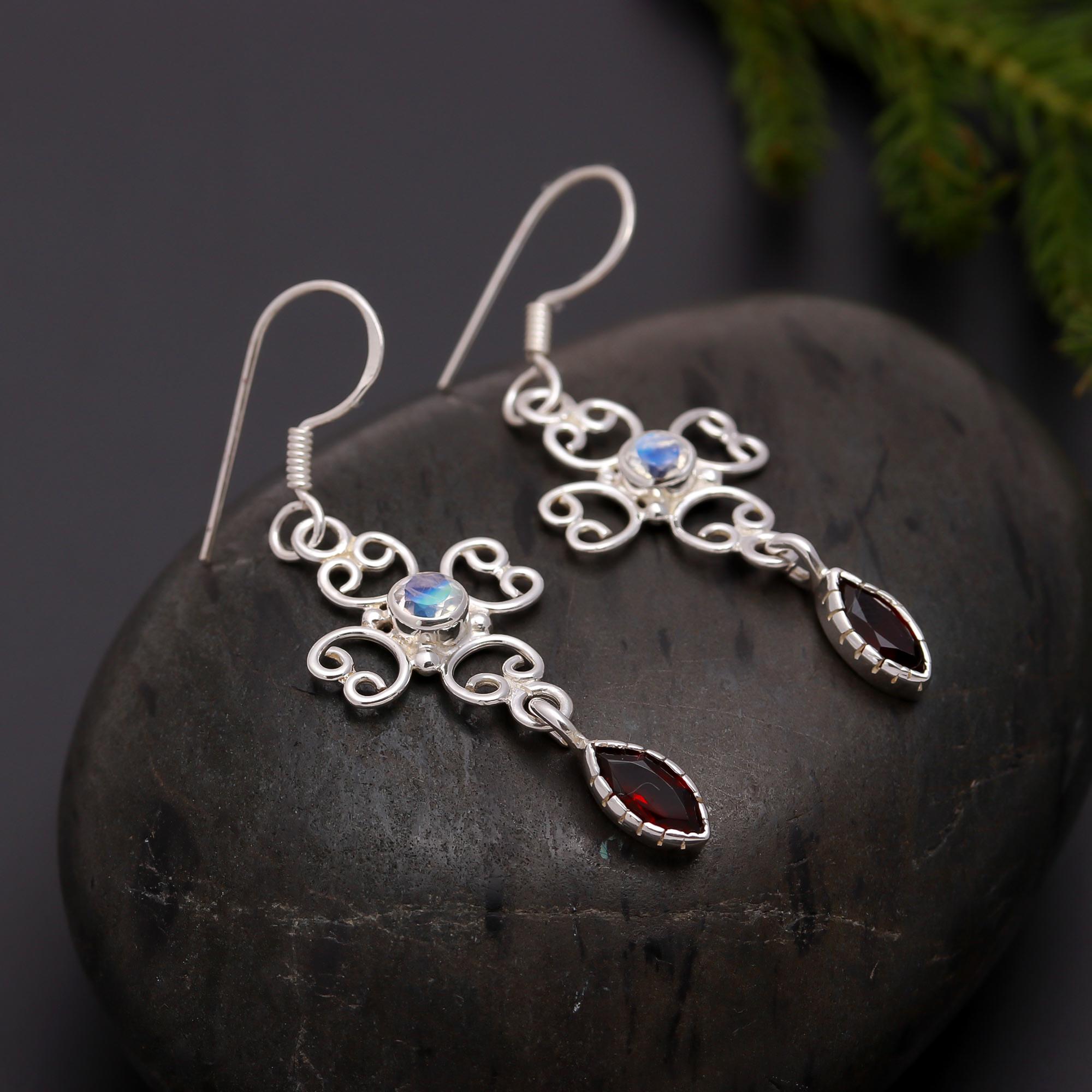 925 Silver Moonstone and Garnet Scroll Dangle Earrings