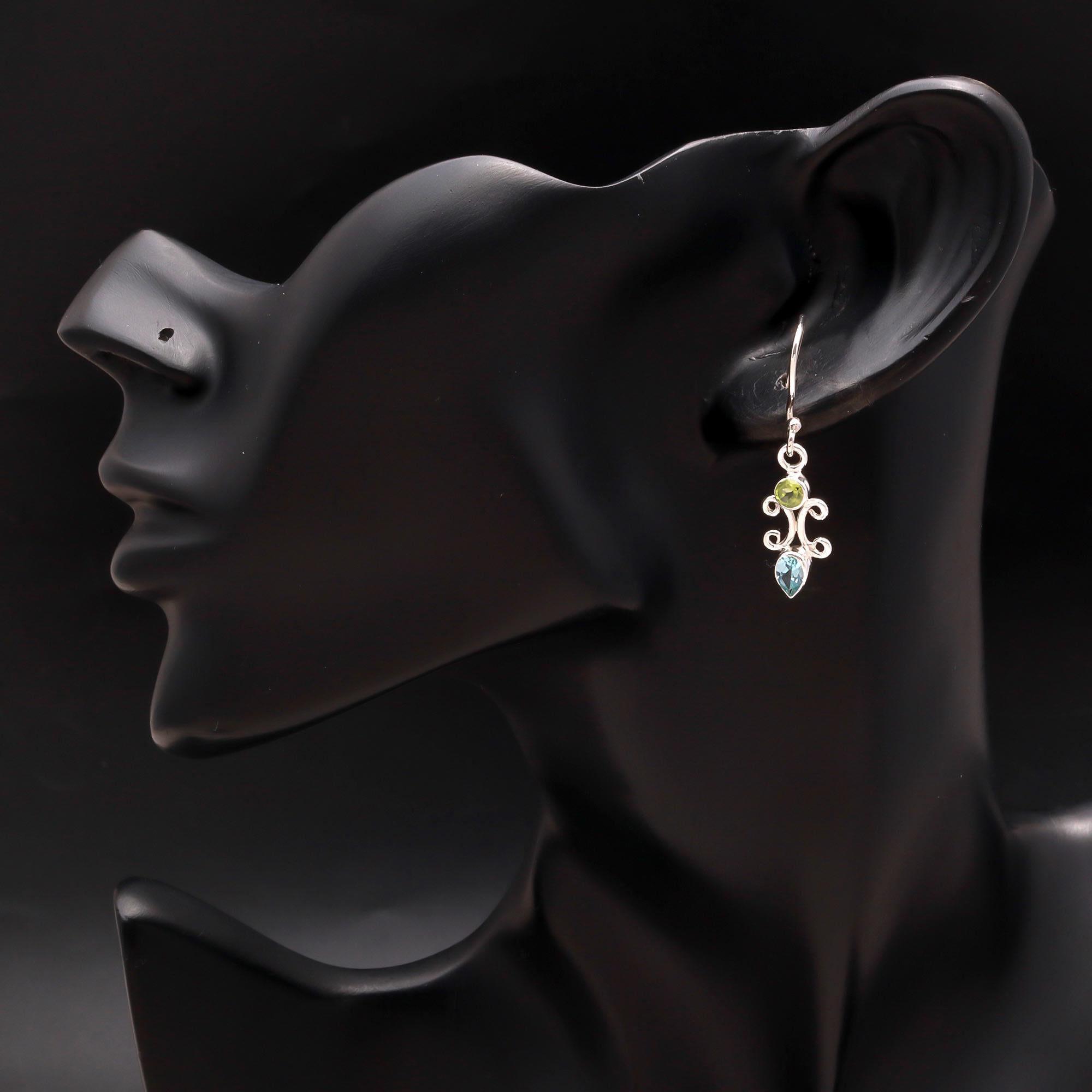 925 Silver Peridot and Blue Topaz Scroll Drop Earrings