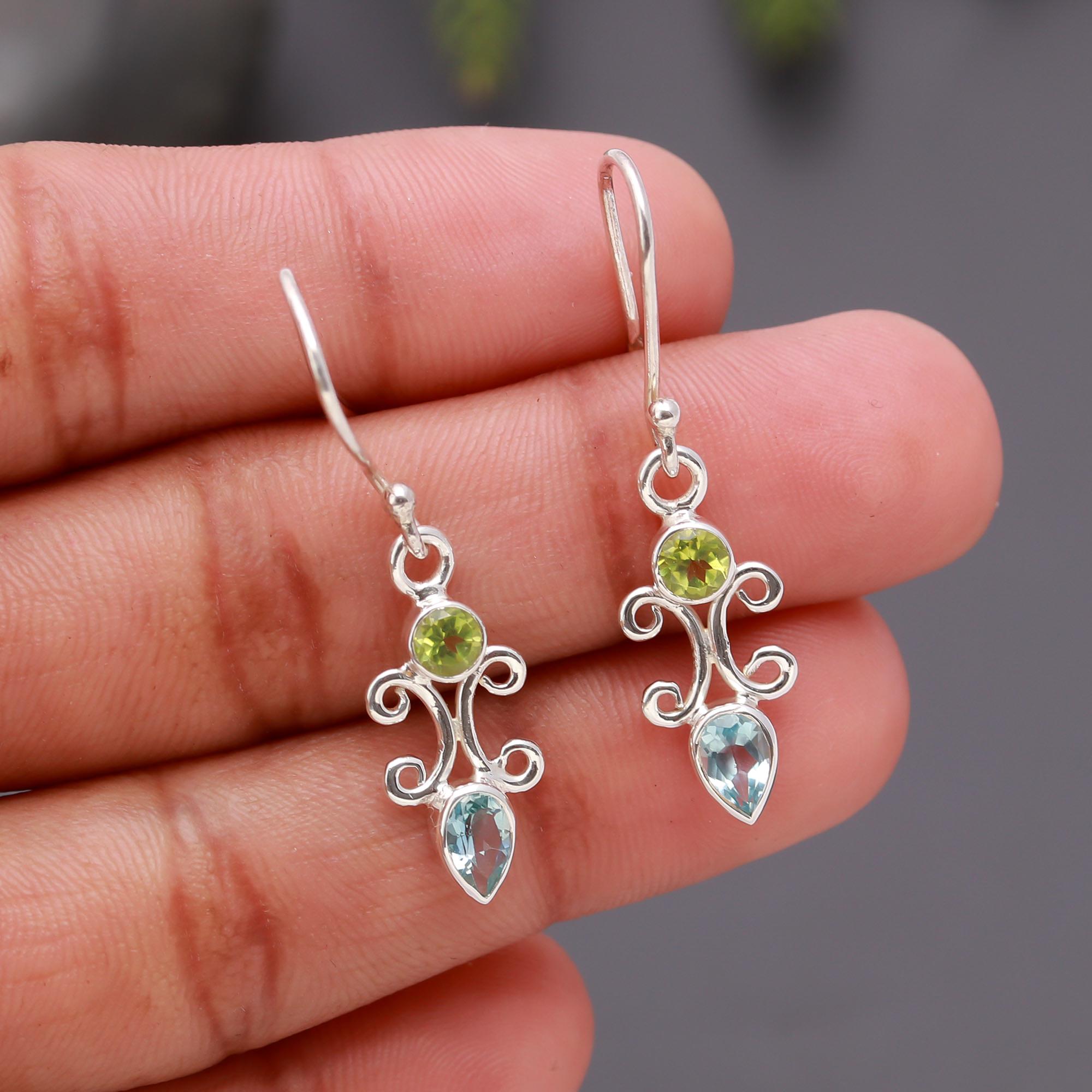 925 Silver Peridot and Blue Topaz Scroll Drop Earrings